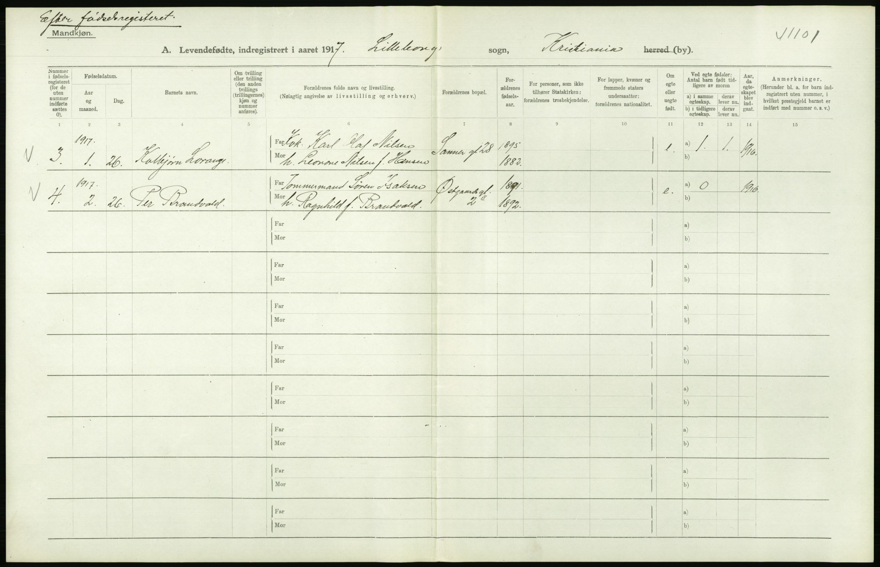 Statistisk sentralbyrå, Sosiodemografiske emner, Befolkning, AV/RA-S-2228/D/Df/Dfb/Dfbg/L0006: Kristiania: Levendefødte menn og kvinner., 1917, s. 386