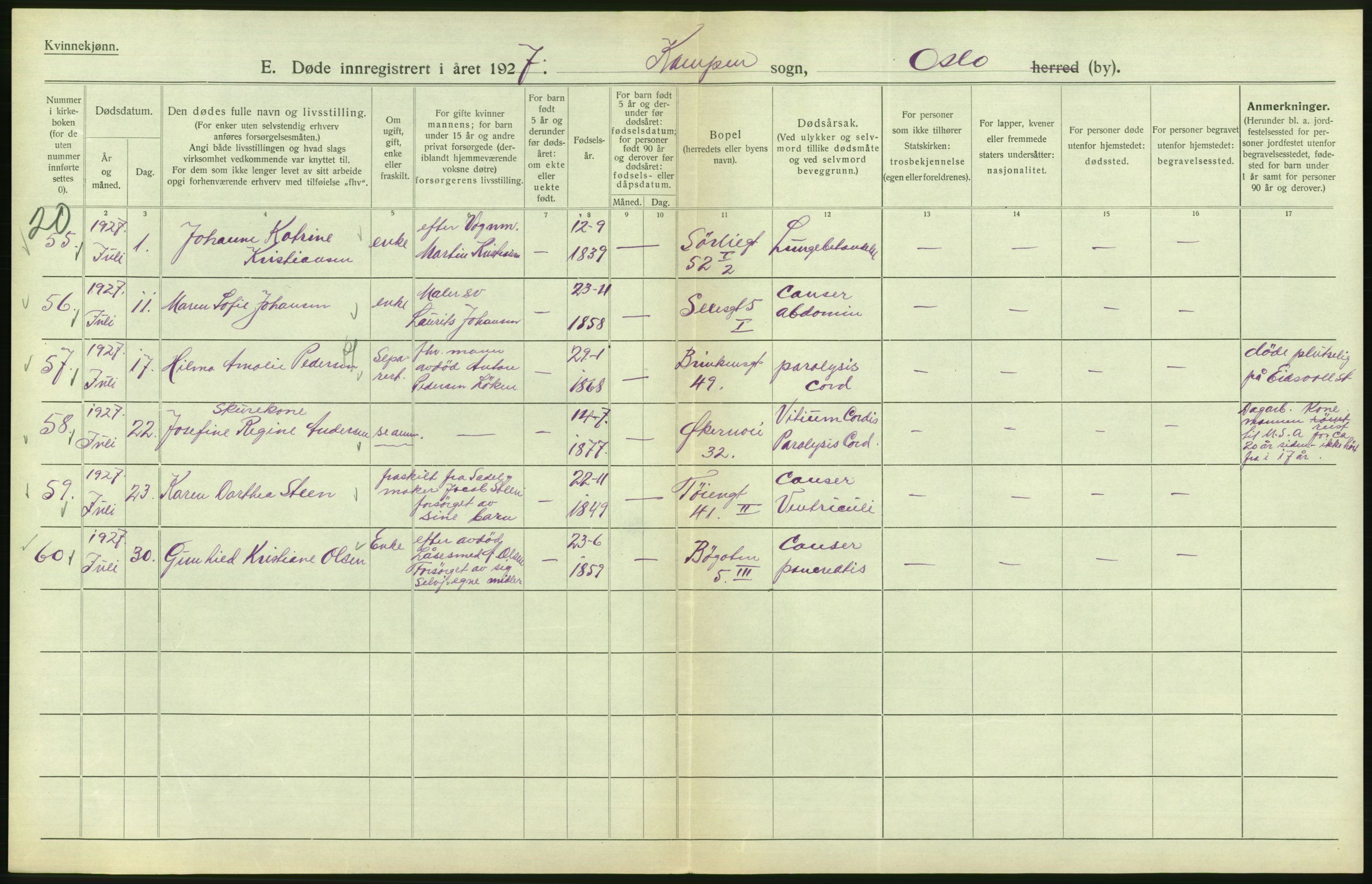 Statistisk sentralbyrå, Sosiodemografiske emner, Befolkning, AV/RA-S-2228/D/Df/Dfc/Dfcg/L0010: Oslo: Døde kvinner, dødfødte, 1927, s. 552