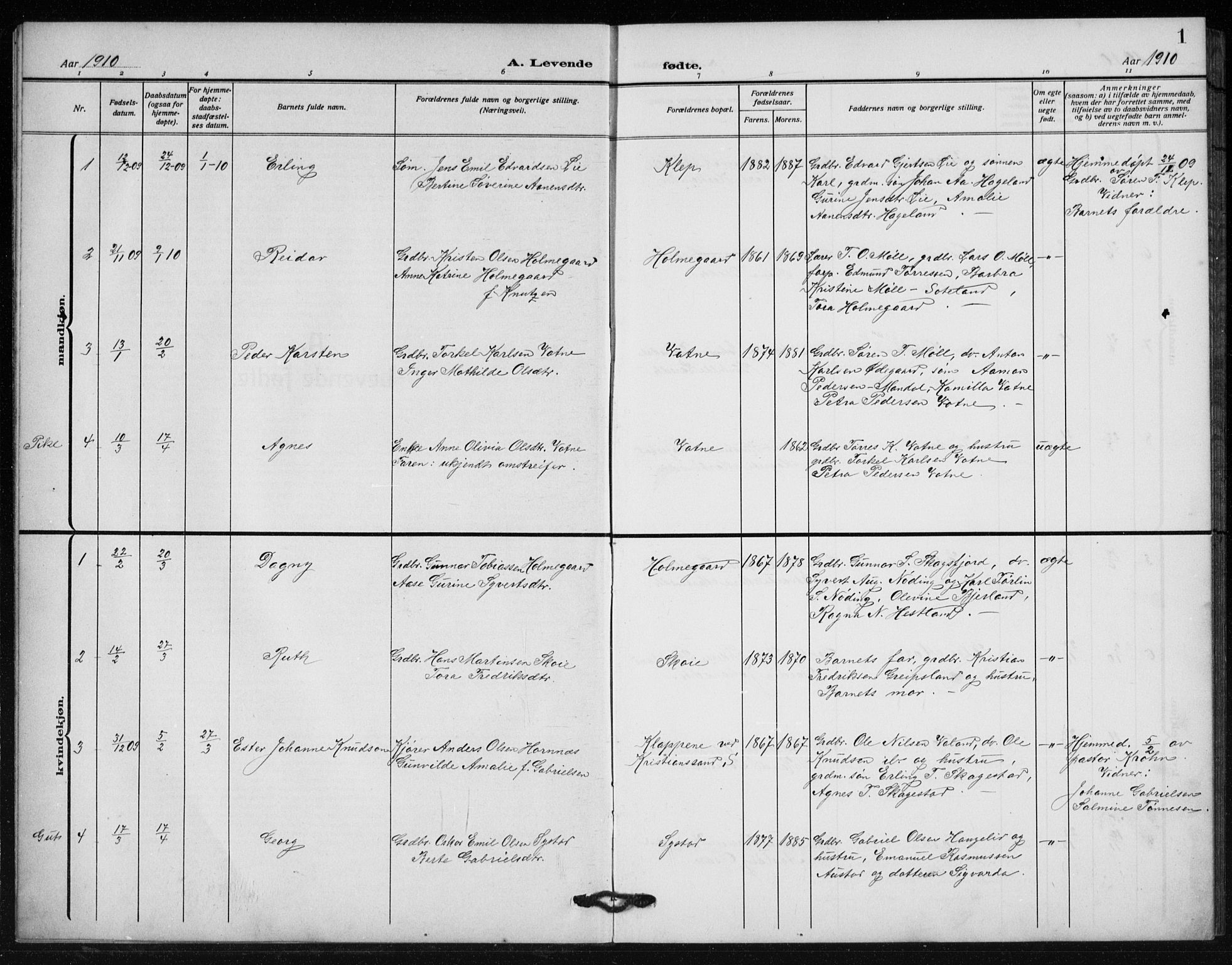 Holum sokneprestkontor, SAK/1111-0022/F/Fb/Fba/L0006: Klokkerbok nr. B 6, 1910-1936, s. 1