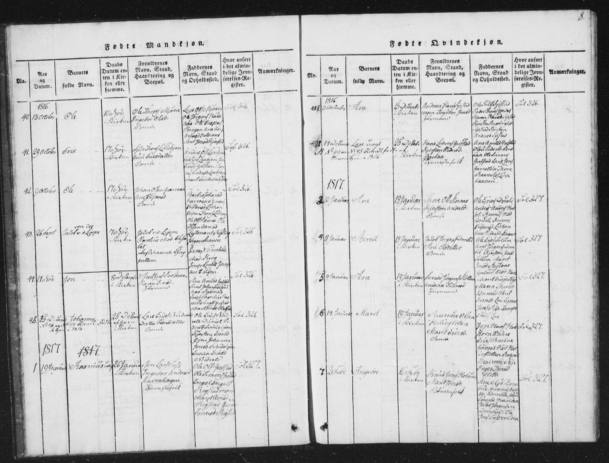 Ministerialprotokoller, klokkerbøker og fødselsregistre - Sør-Trøndelag, AV/SAT-A-1456/672/L0862: Klokkerbok nr. 672C01, 1816-1831, s. 8