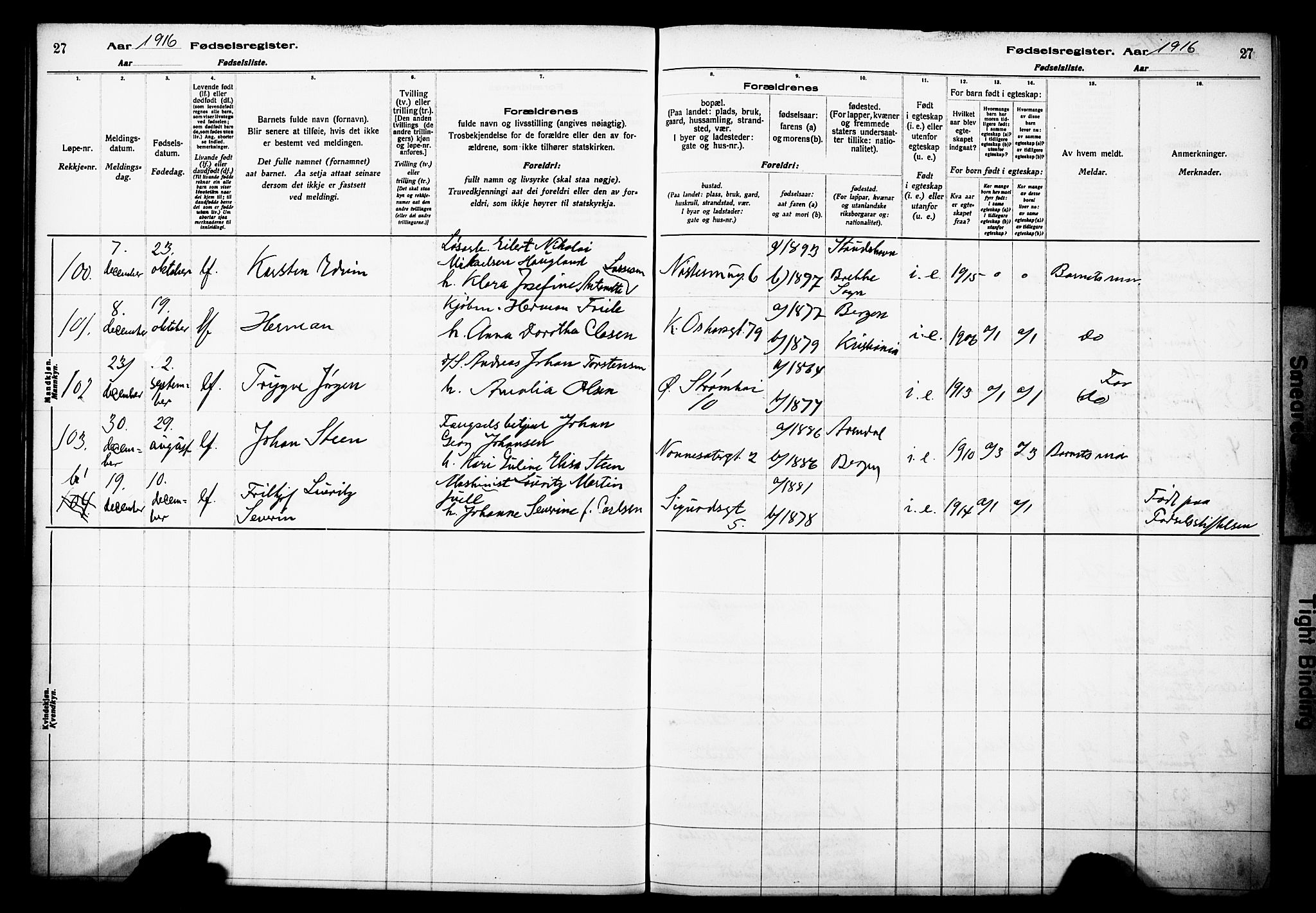 Domkirken sokneprestembete, AV/SAB-A-74801/I/Id/L00A1: Fødselsregister nr. A 1, 1916-1923, s. 27