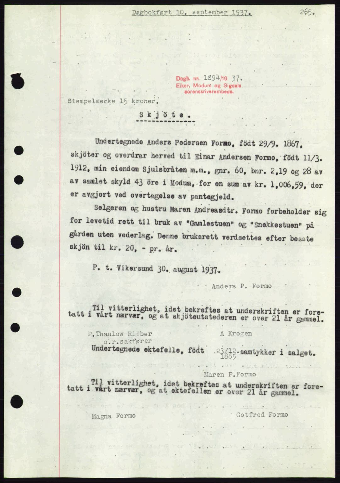 Eiker, Modum og Sigdal sorenskriveri, SAKO/A-123/G/Ga/Gab/L0036: Pantebok nr. A6, 1937-1937, Dagboknr: 1894/1937