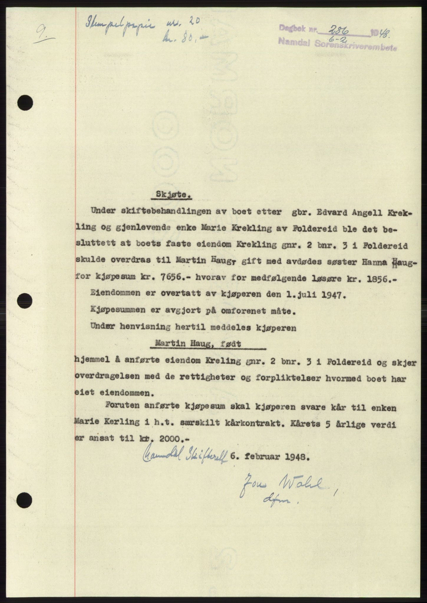 Namdal sorenskriveri, SAT/A-4133/1/2/2C: Pantebok nr. -, 1947-1948, Dagboknr: 286/1948