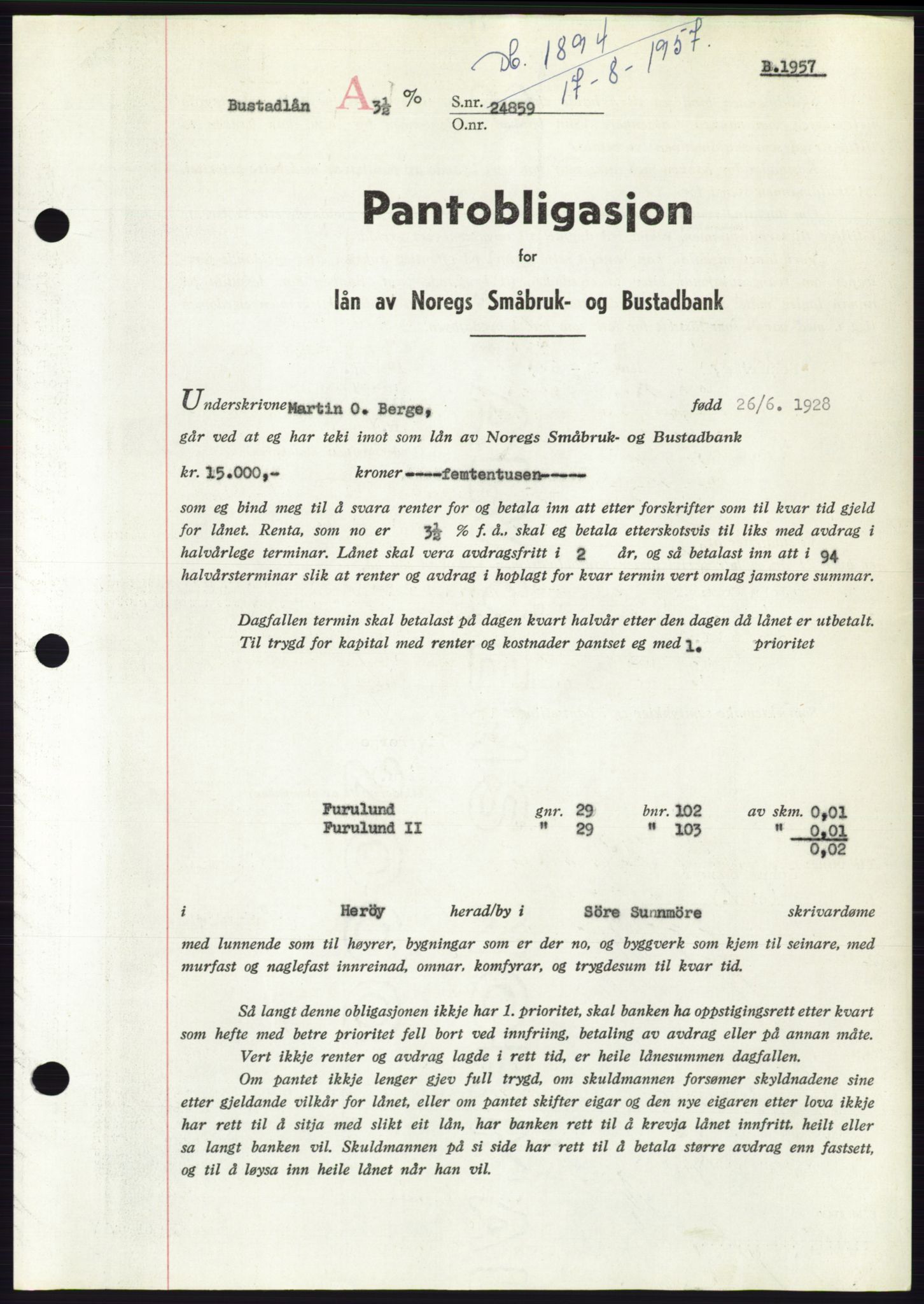 Søre Sunnmøre sorenskriveri, AV/SAT-A-4122/1/2/2C/L0130: Pantebok nr. 18B, 1957-1958, Dagboknr: 1894/1957