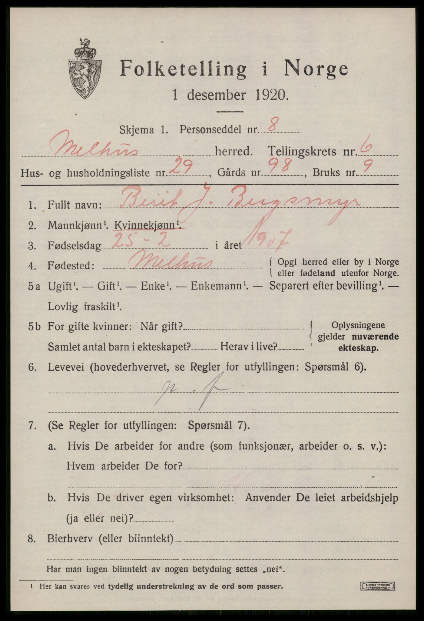 SAT, Folketelling 1920 for 1653 Melhus herred, 1920, s. 6549