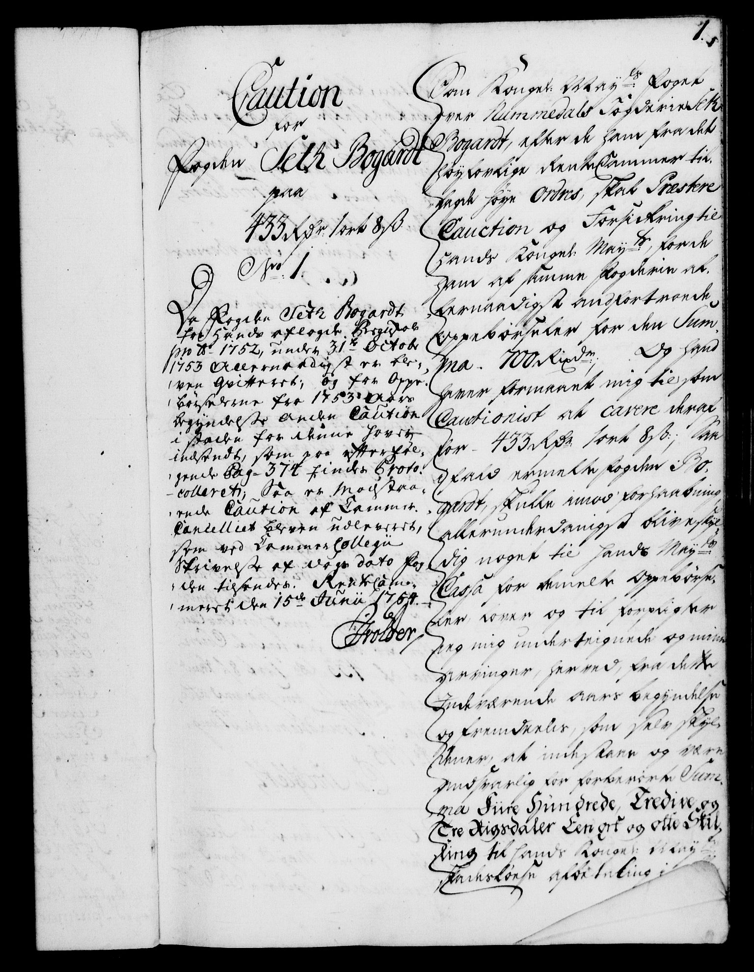 Rentekammeret, Kammerkanselliet, RA/EA-3111/G/Gh/Ghd/L0004: Kausjonsprotokoll med register (merket RK 53.42), 1745-1769, s. 1