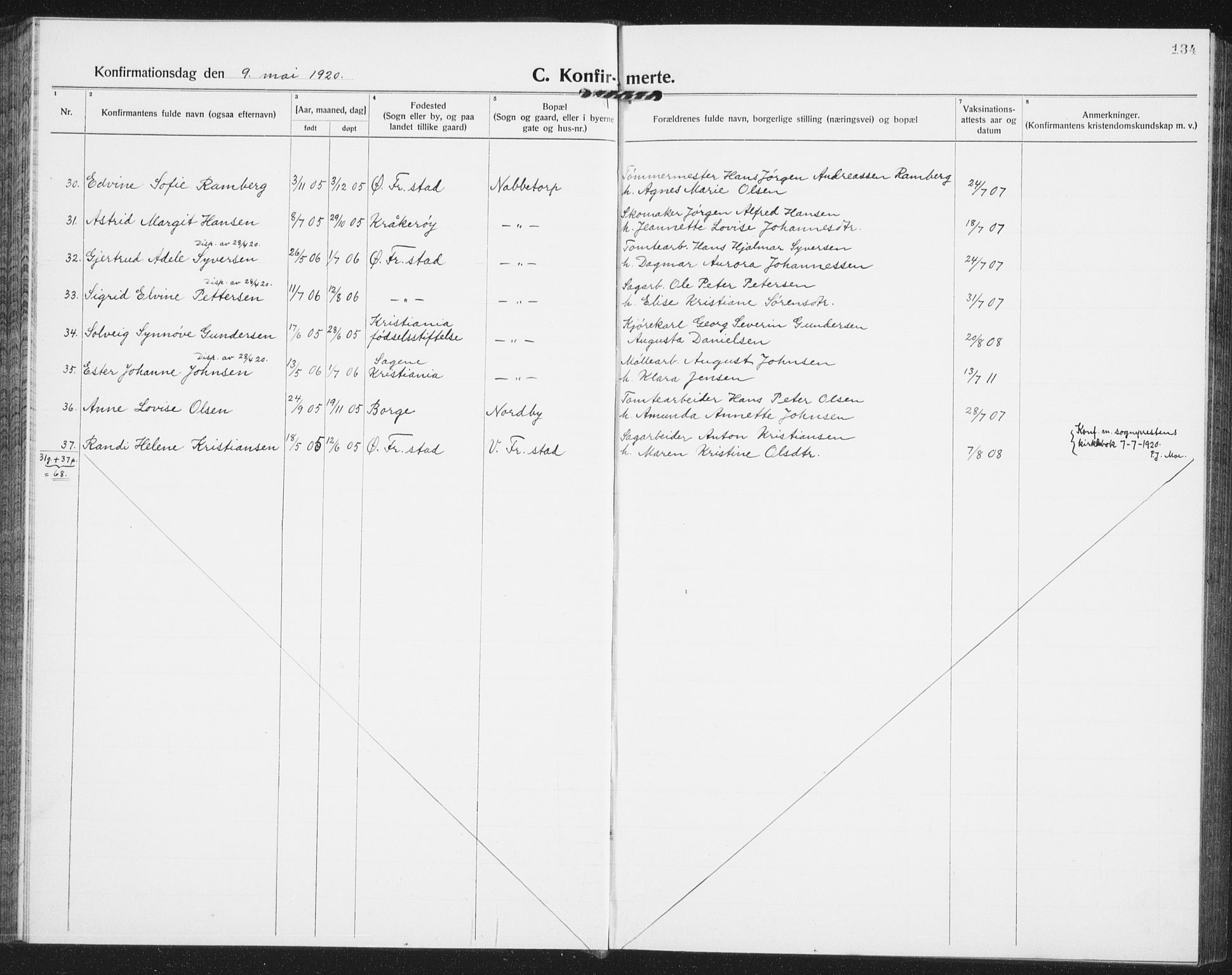 Østre Fredrikstad prestekontor Kirkebøker, AV/SAO-A-10907/G/Ga/L0003: Klokkerbok nr. 3, 1920-1940, s. 134