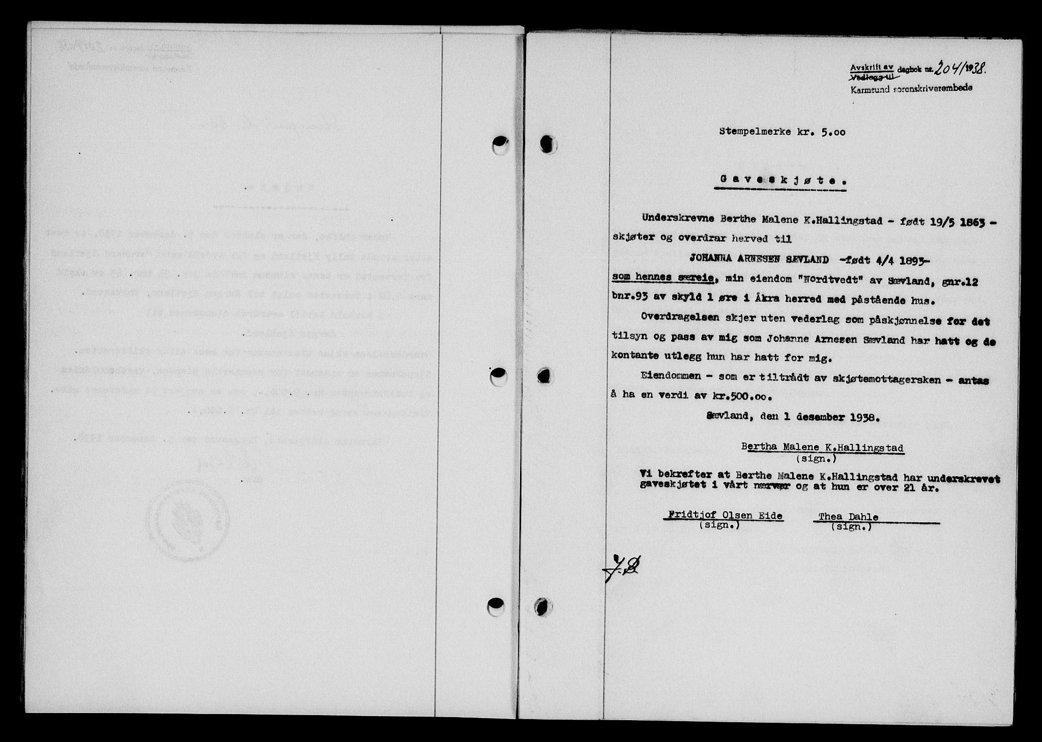 Karmsund sorenskriveri, SAST/A-100311/01/II/IIB/L0070: Pantebok nr. 51A, 1938-1939, Dagboknr: 2041/1938