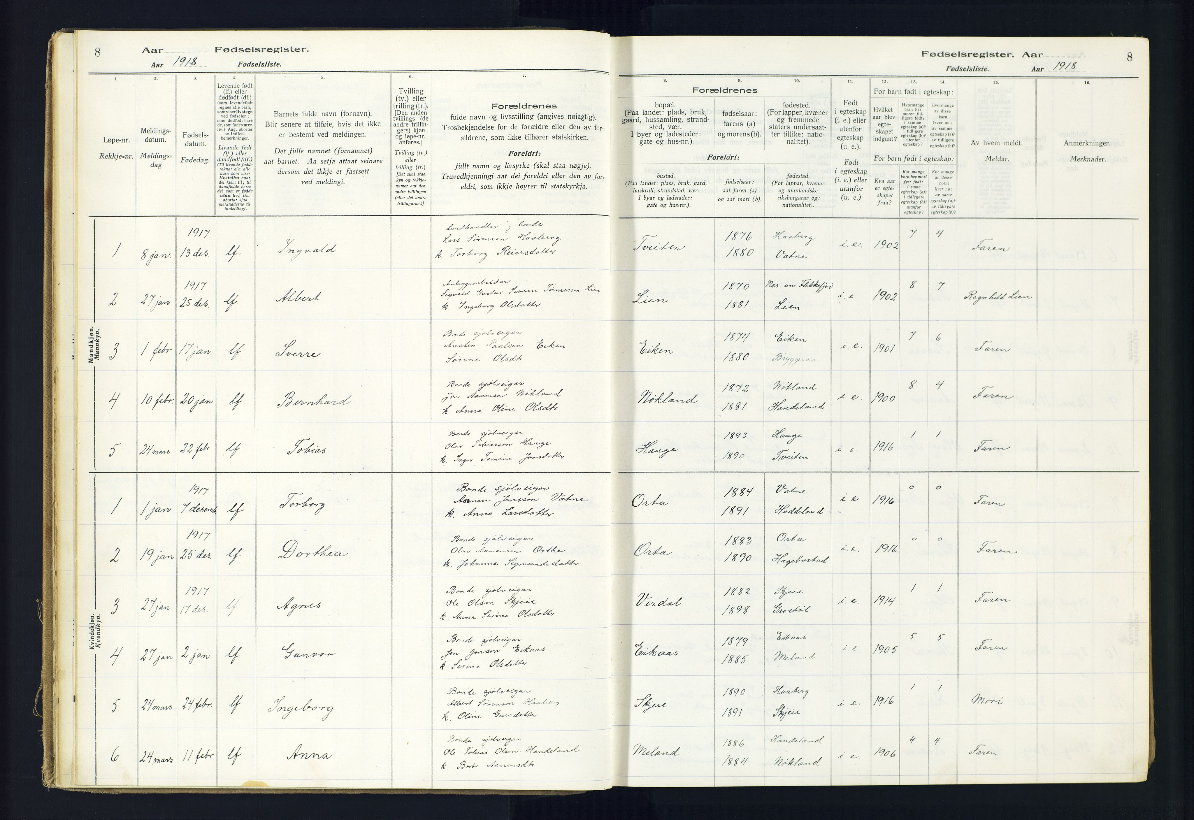 Hægebostad sokneprestkontor, SAK/1111-0024/J/Ja/L0002: Fødselsregister nr. II.6.8, 1916-1982, s. 8