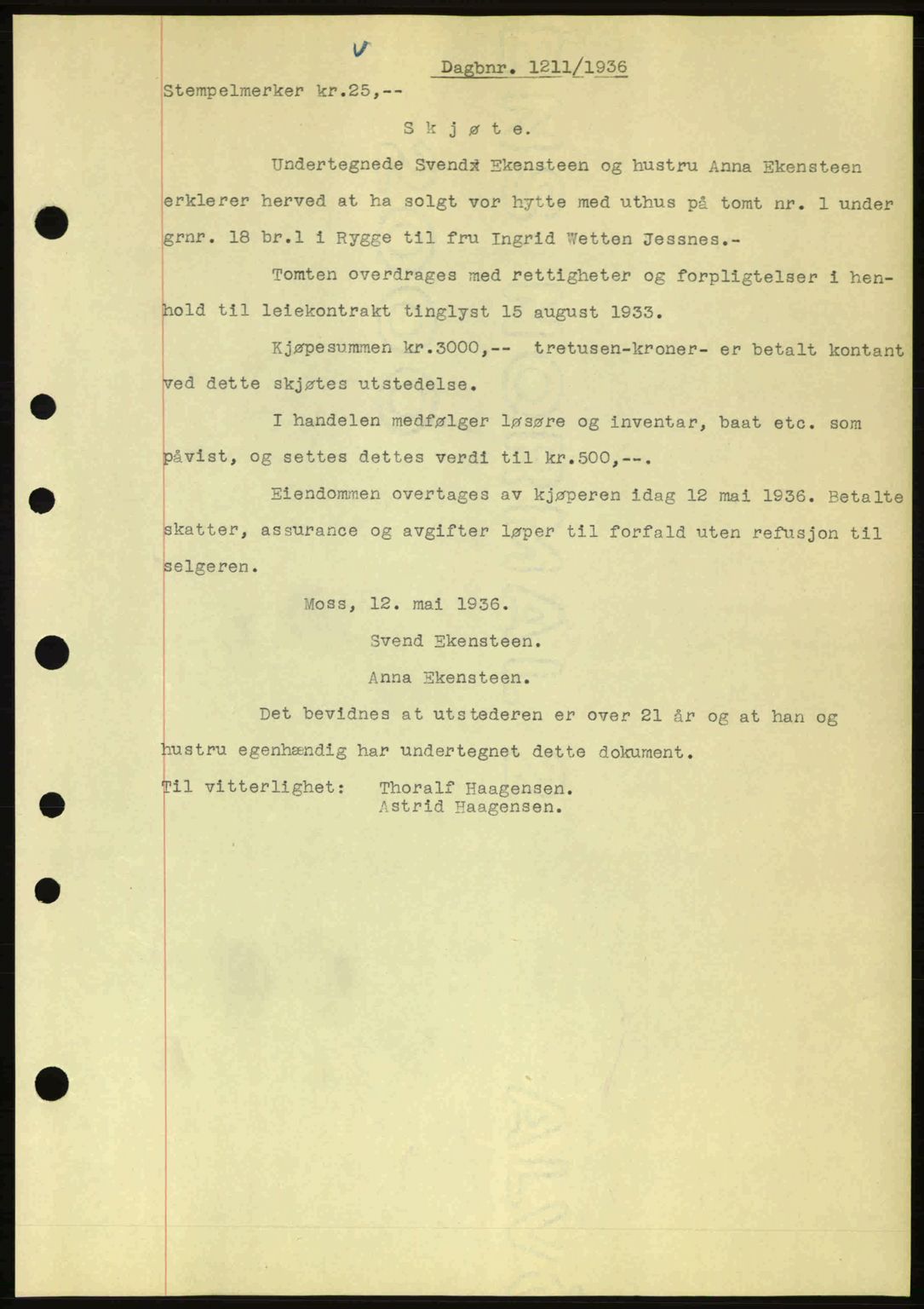 Moss sorenskriveri, SAO/A-10168: Pantebok nr. A1, 1936-1936, Dagboknr: 1211/1936