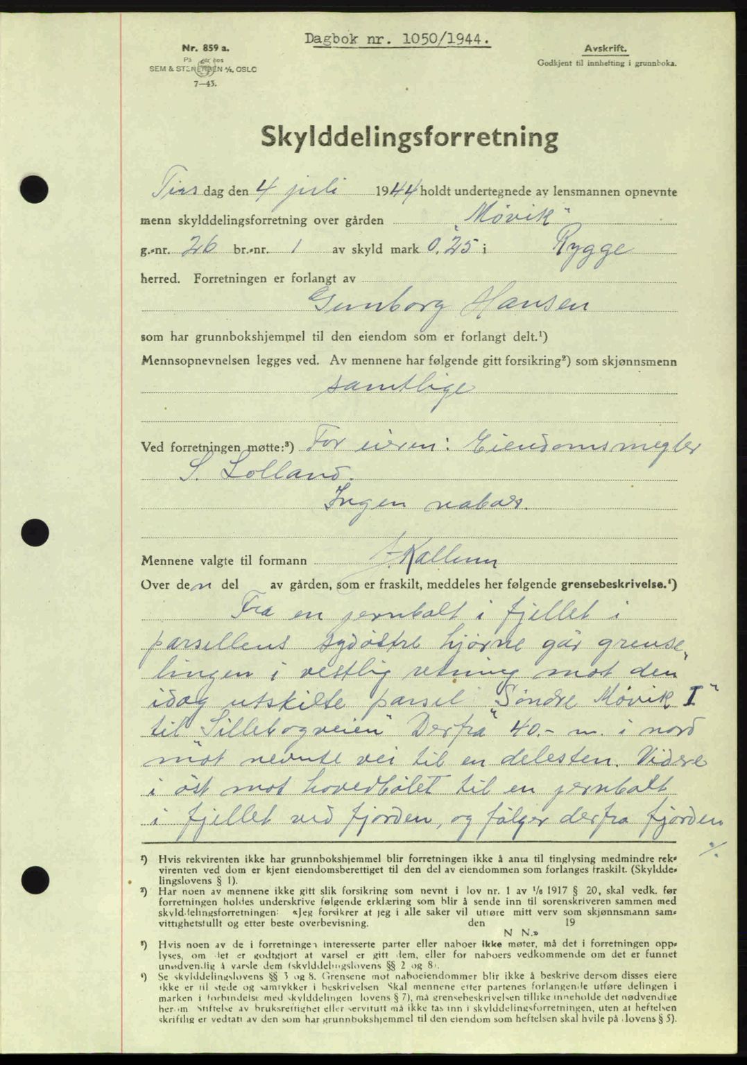 Moss sorenskriveri, SAO/A-10168: Pantebok nr. A12, 1943-1944, Dagboknr: 1050/1944