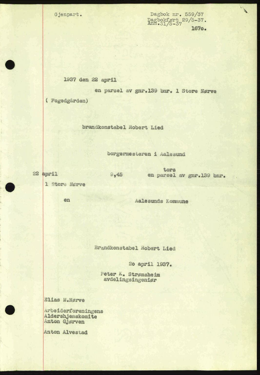 Ålesund byfogd, AV/SAT-A-4384: Pantebok nr. 34 I, 1936-1938, Dagboknr: 559/1937