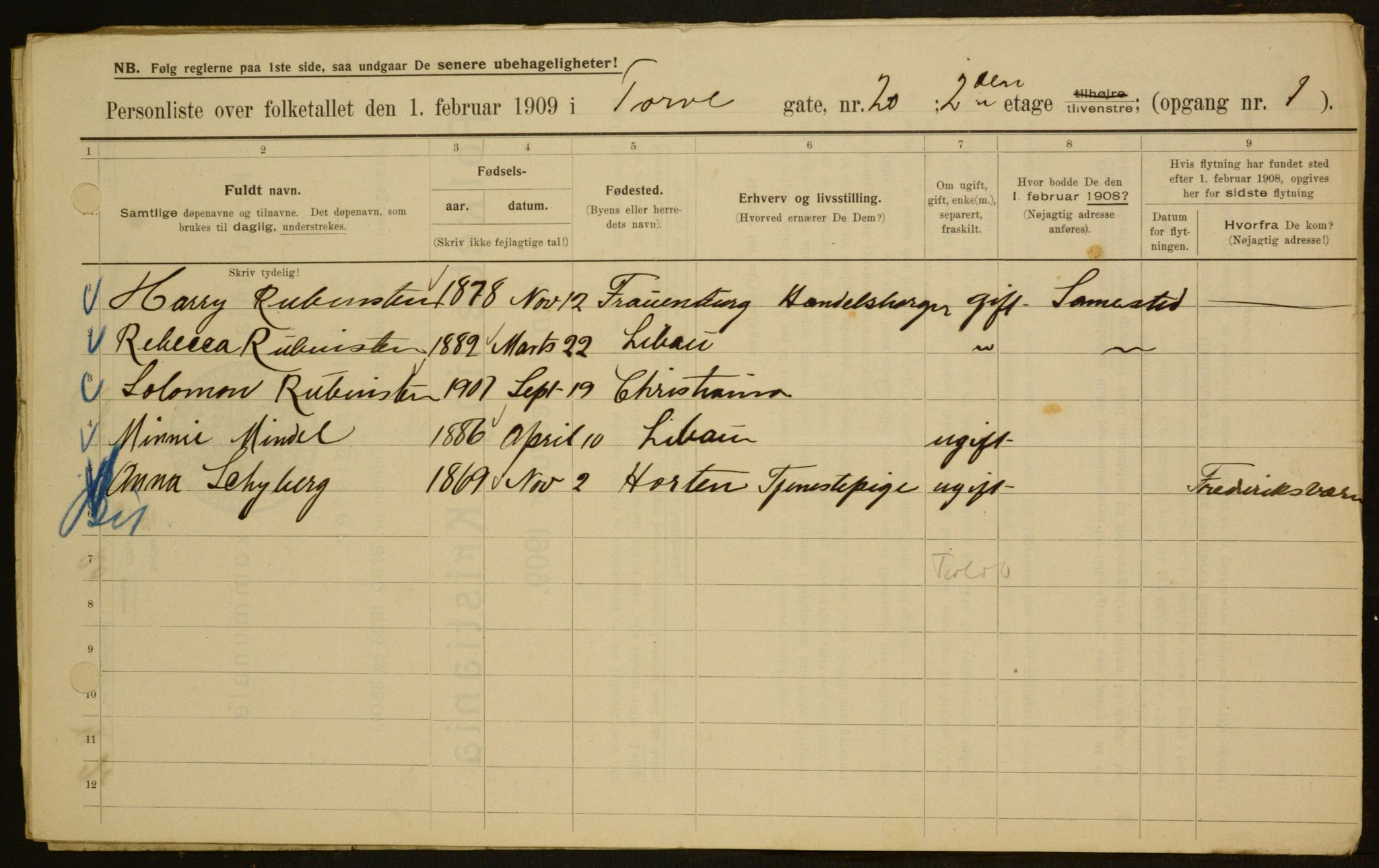 OBA, Kommunal folketelling 1.2.1909 for Kristiania kjøpstad, 1909, s. 103468