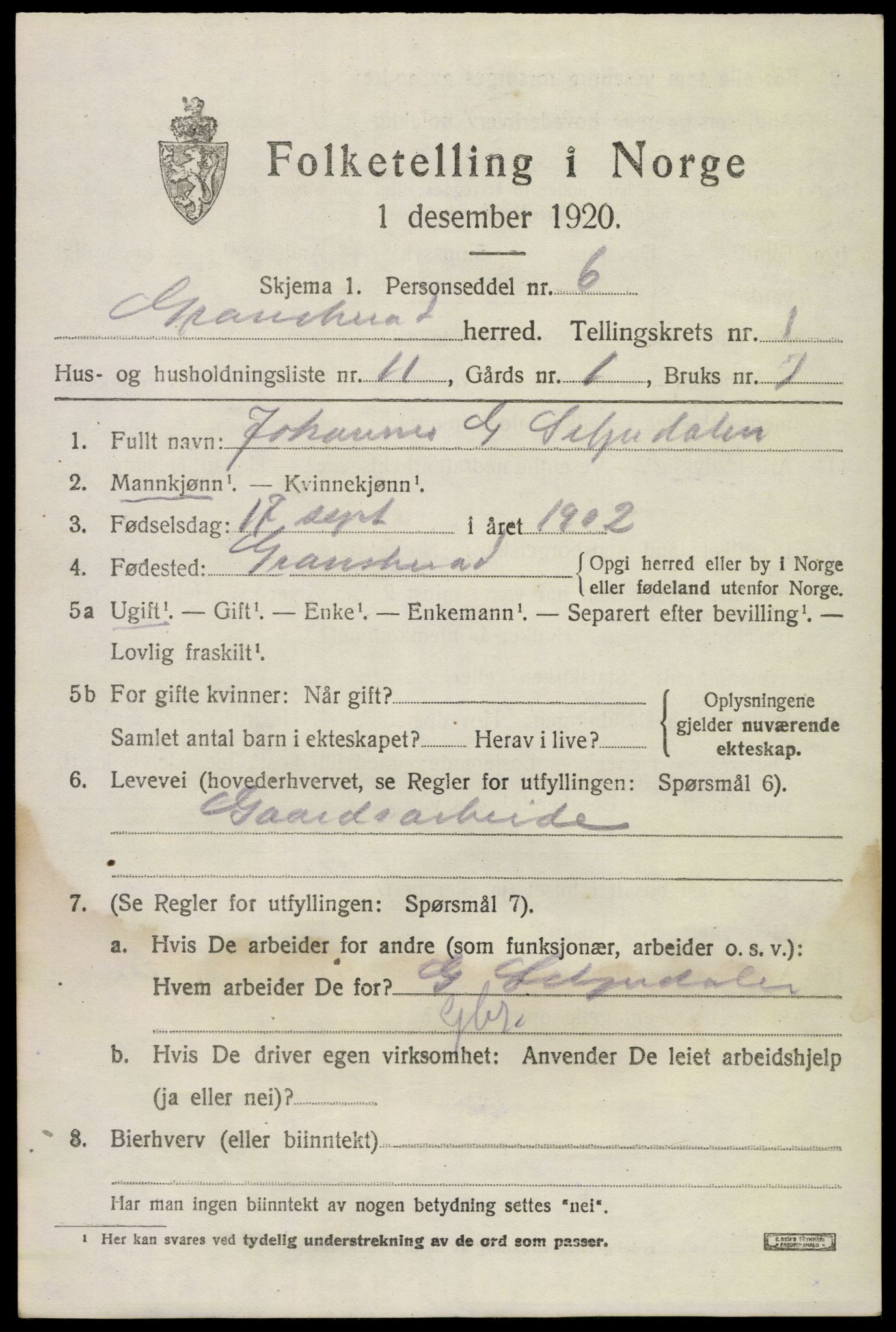 SAKO, Folketelling 1920 for 0824 Gransherad herred, 1920, s. 640