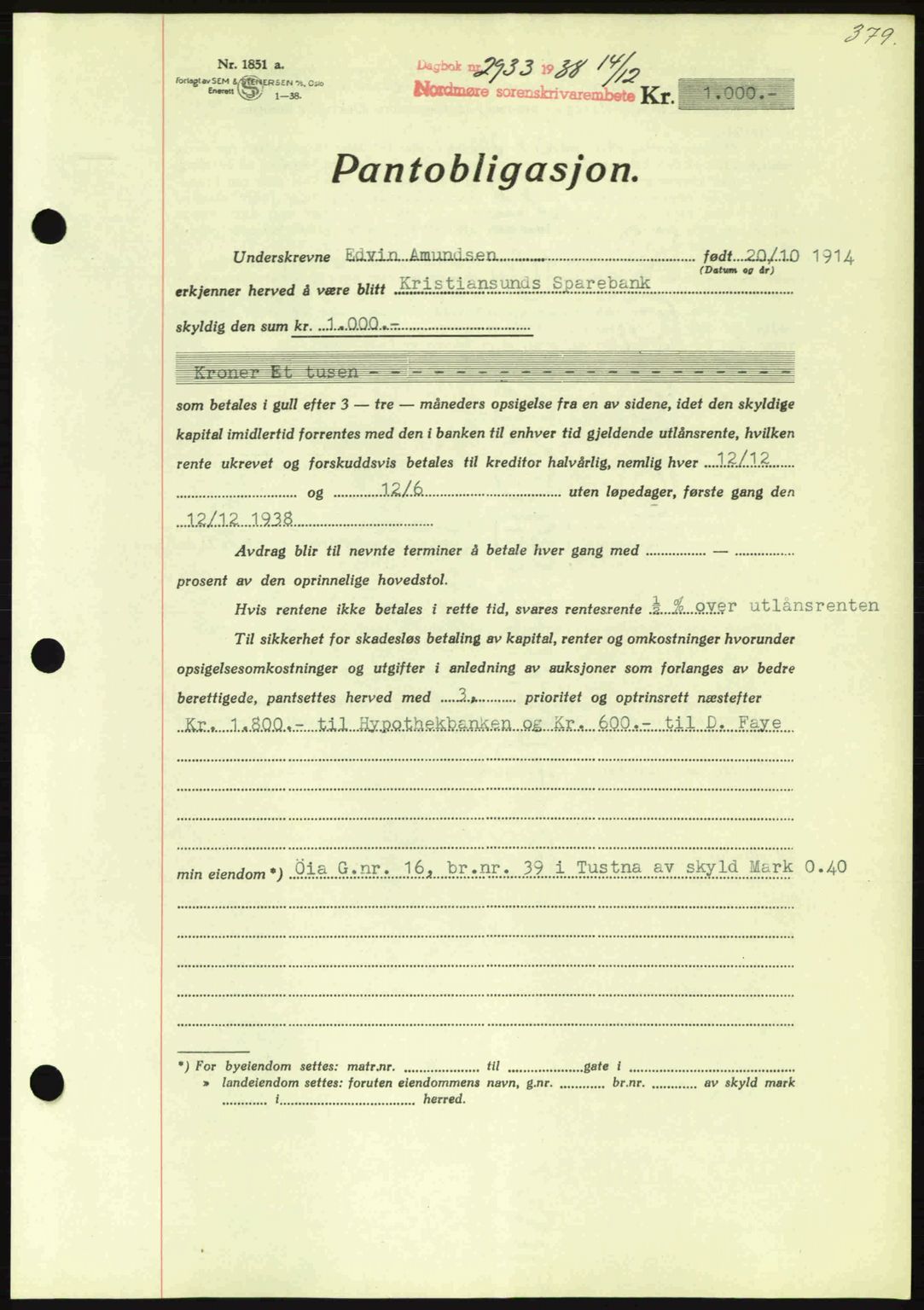 Nordmøre sorenskriveri, SAT/A-4132/1/2/2Ca: Pantebok nr. B84, 1938-1939, Dagboknr: 2933/1938