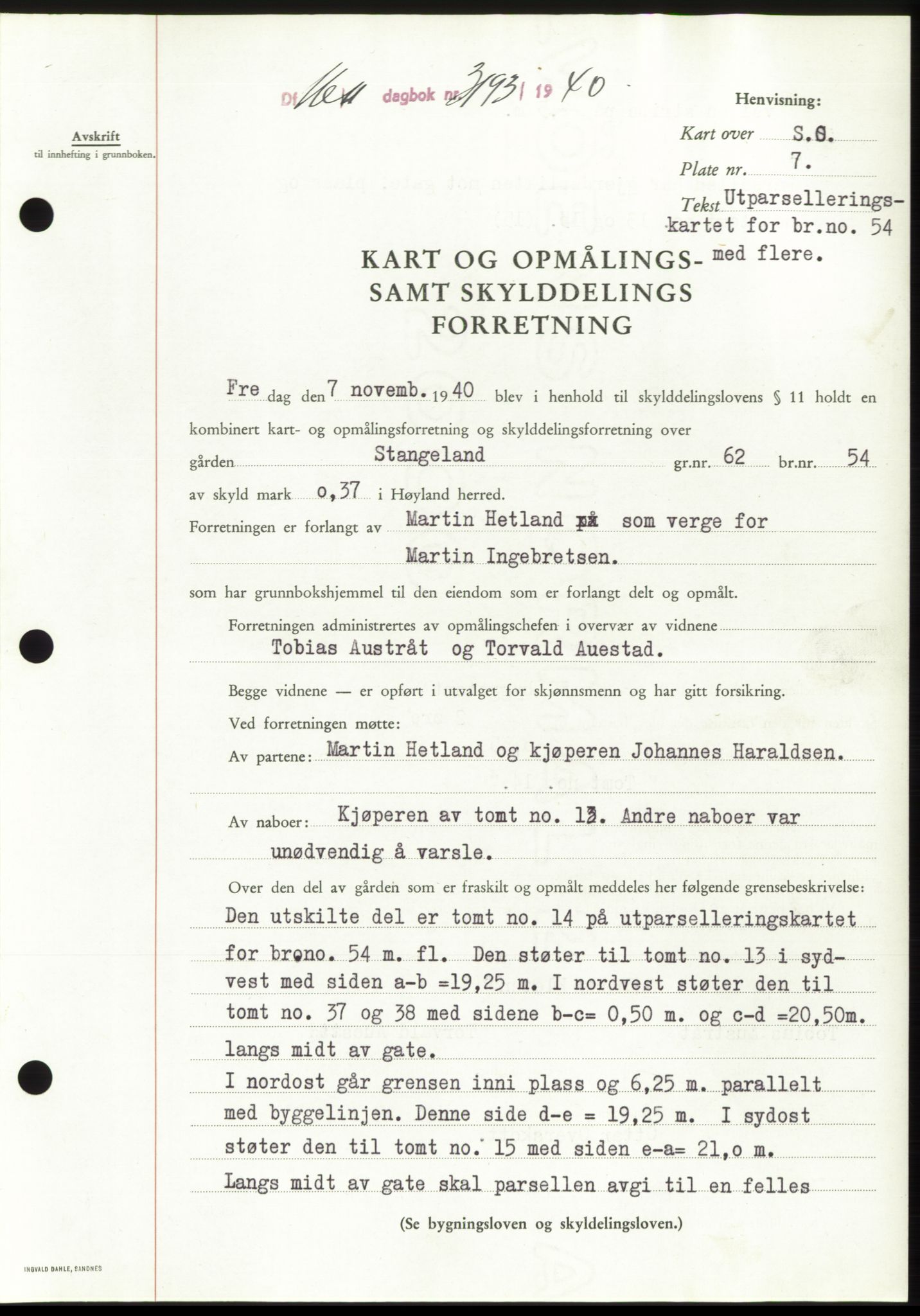 Jæren sorenskriveri, SAST/A-100310/03/G/Gba/L0078: Pantebok, 1940-1940, Dagboknr: 3193/1940