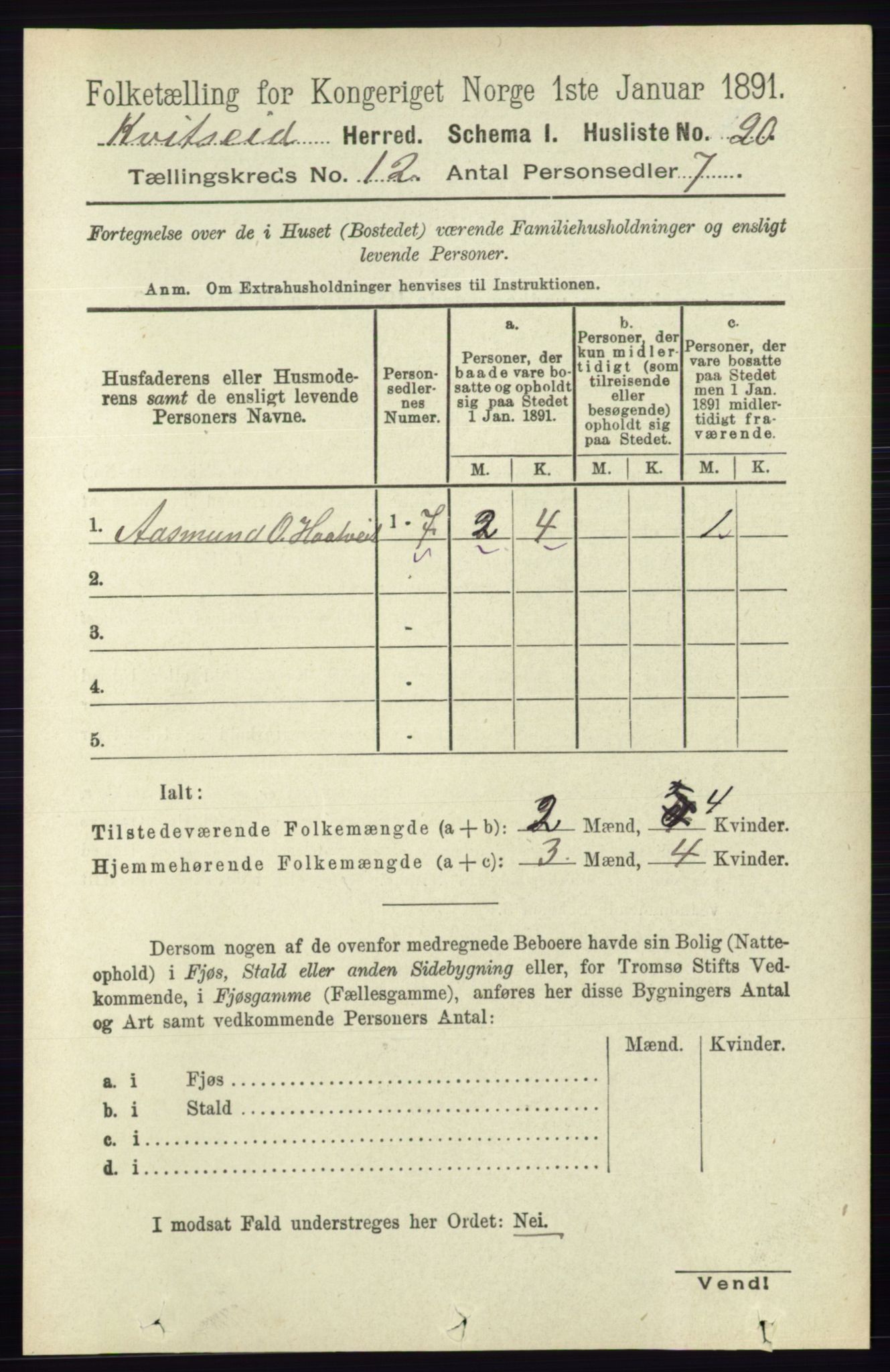 RA, Folketelling 1891 for 0829 Kviteseid herred, 1891, s. 2833