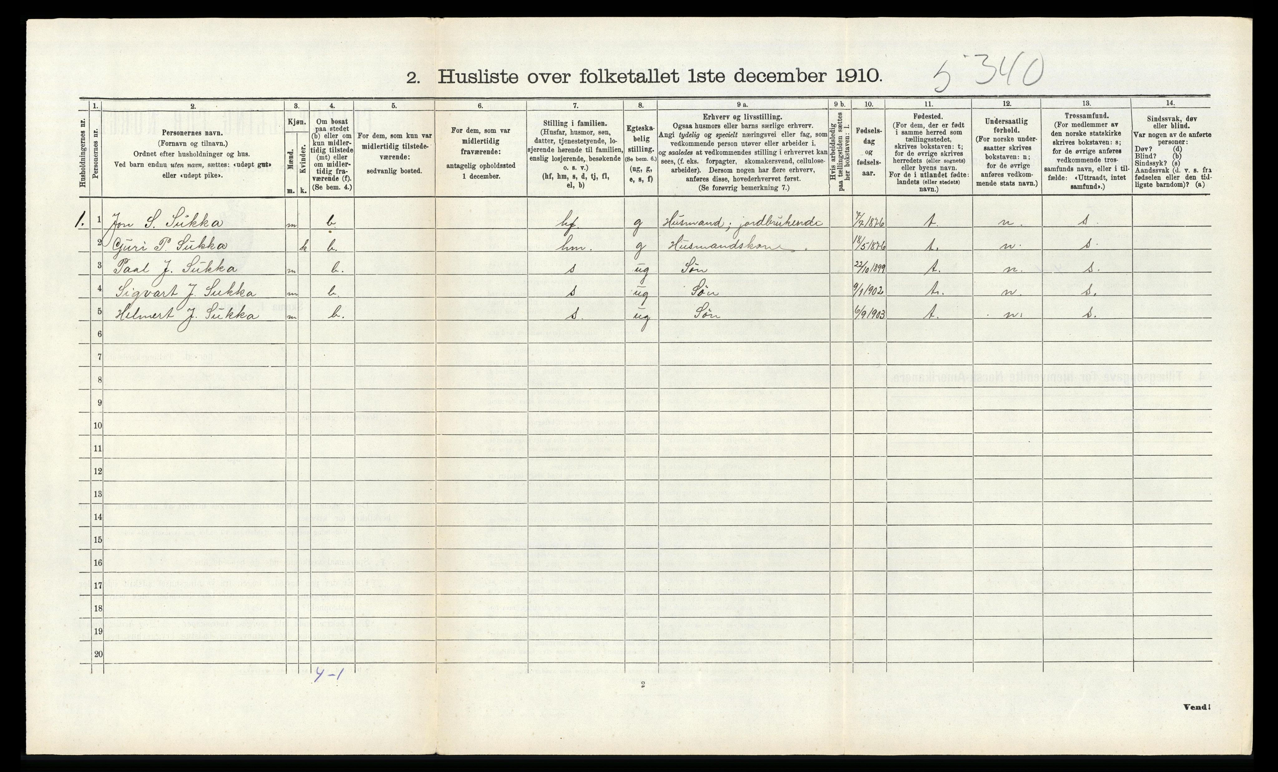 RA, Folketelling 1910 for 1134 Suldal herred, 1910, s. 424