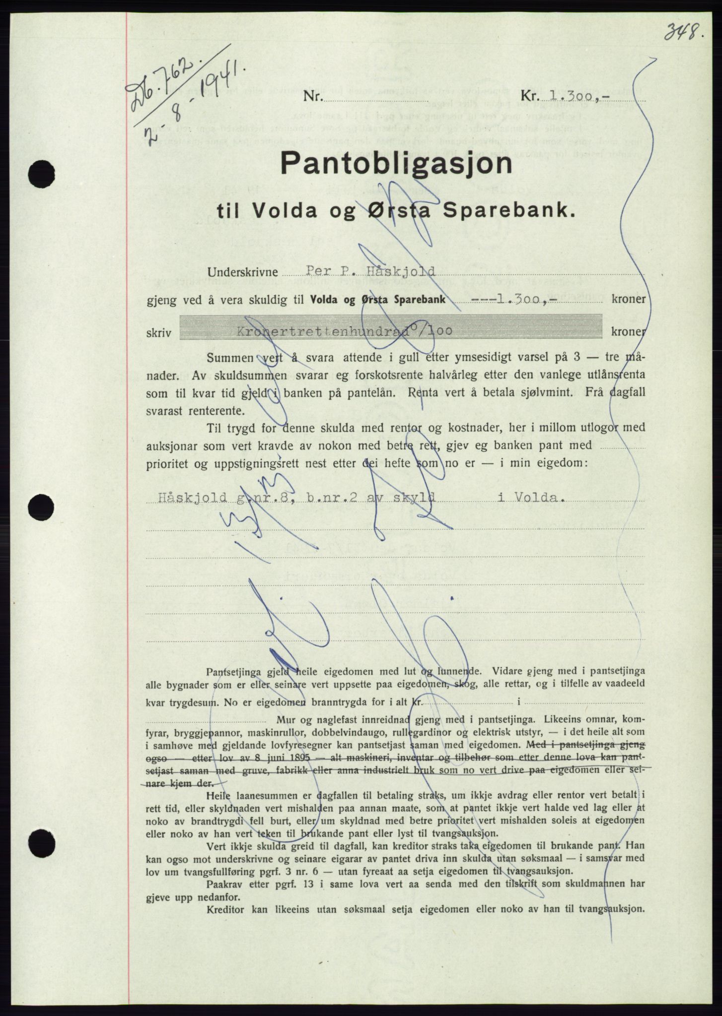 Søre Sunnmøre sorenskriveri, AV/SAT-A-4122/1/2/2C/L0071: Pantebok nr. 65, 1941-1941, Dagboknr: 762/1941