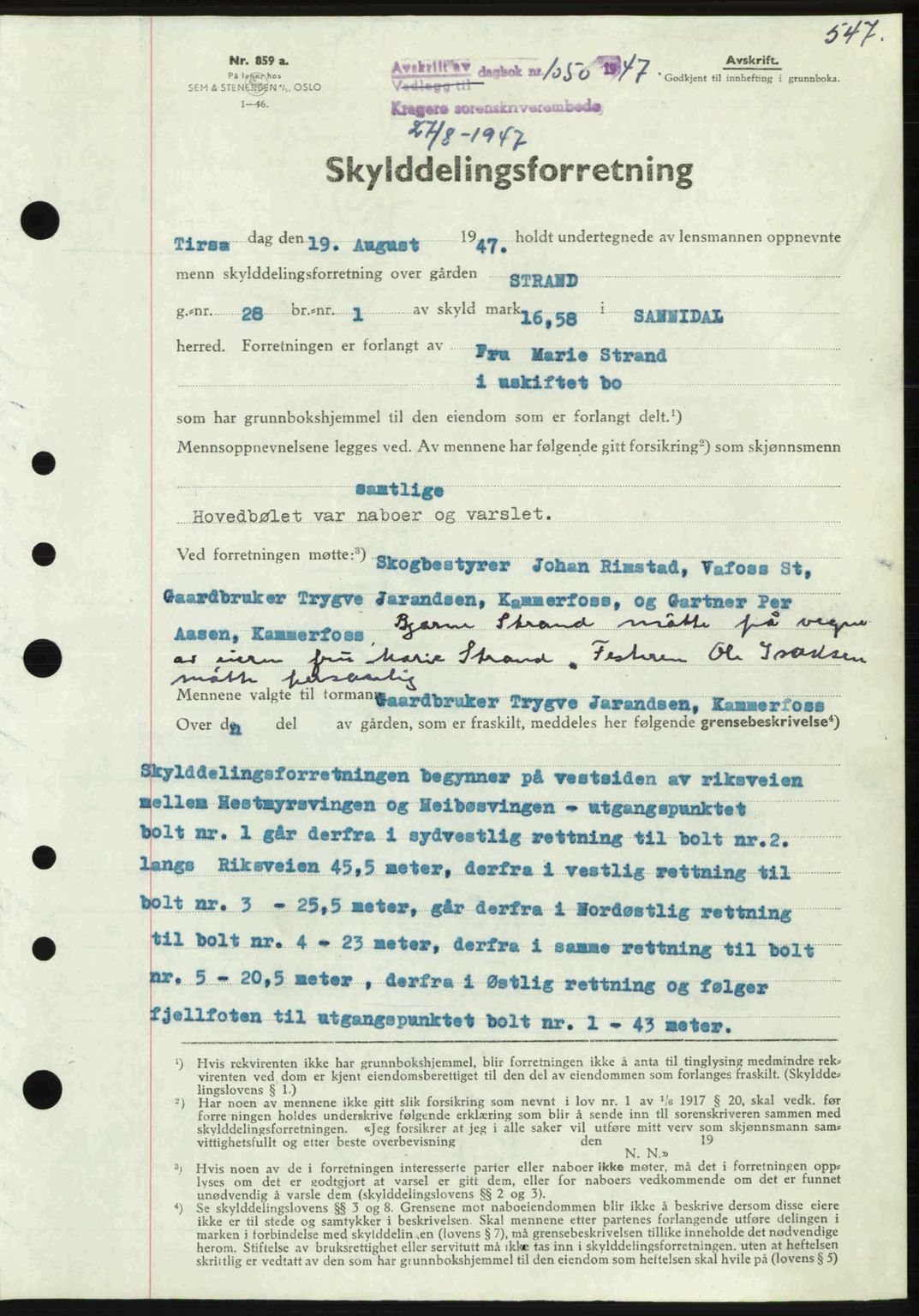 Kragerø sorenskriveri, SAKO/A-65/G/Ga/Gab/L0061: Pantebok nr. A-61, 1947-1947, Dagboknr: 1050/1947