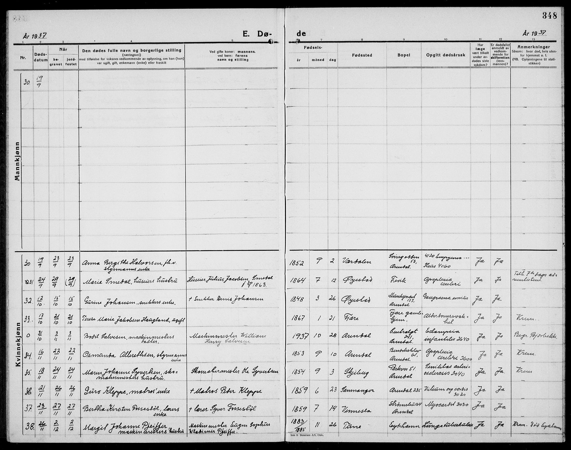 Arendal sokneprestkontor, Trefoldighet, AV/SAK-1111-0040/F/Fb/L0008: Klokkerbok nr. B 8, 1928-1939, s. 348