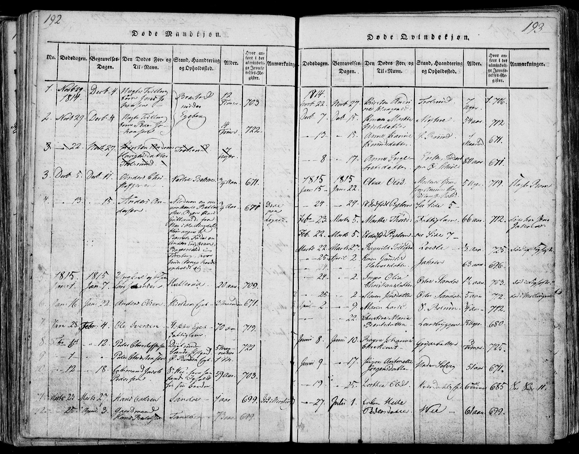 Sande Kirkebøker, AV/SAKO-A-53/F/Fa/L0003: Ministerialbok nr. 3, 1814-1847, s. 192-193