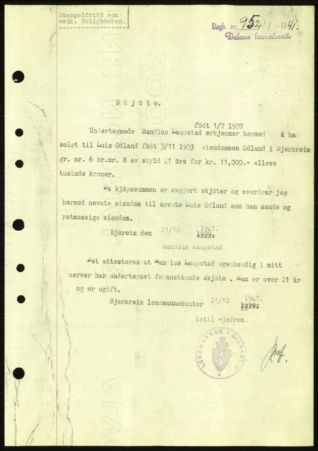 Dalane sorenskriveri, SAST/A-100309/02/G/Gb/L0045: Pantebok nr. A6, 1941-1942, Dagboknr: 952/1941