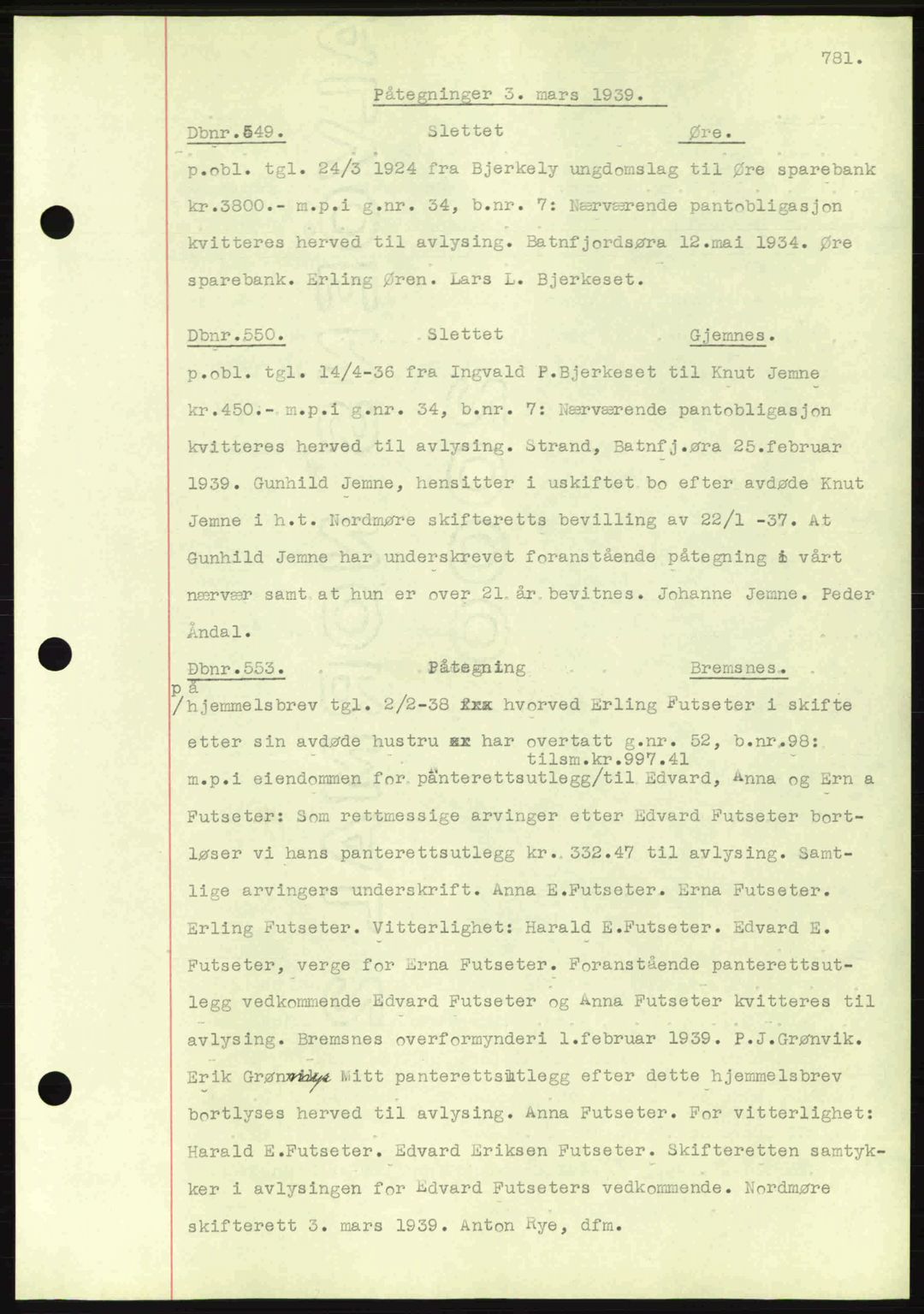 Nordmøre sorenskriveri, SAT/A-4132/1/2/2Ca: Pantebok nr. C80, 1936-1939, Dagboknr: 549/1939