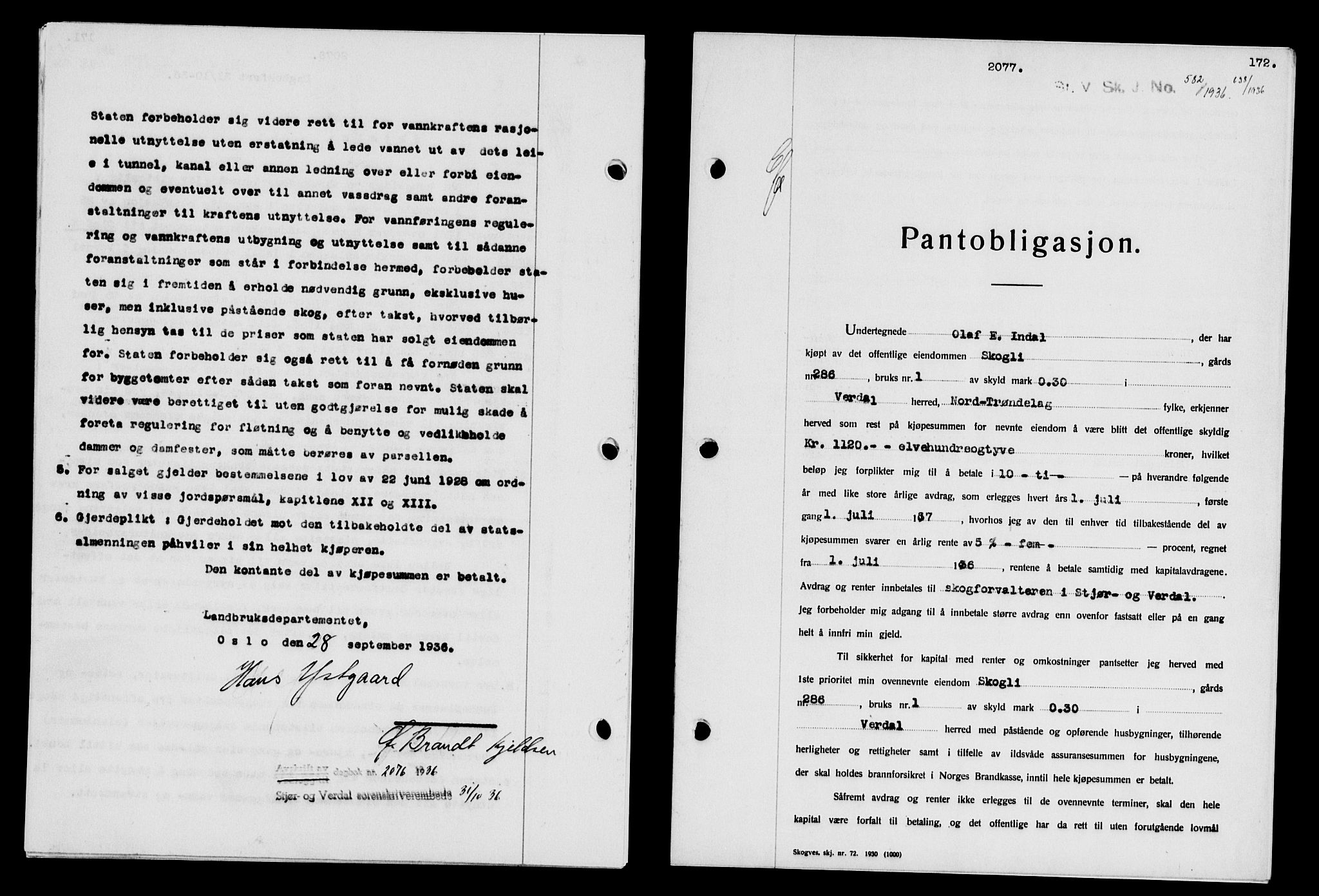 Stjør- og Verdal sorenskriveri, SAT/A-4167/1/2/2C/L0078: Pantebok nr. 46, 1936-1937, Dagboknr: 2077/1936