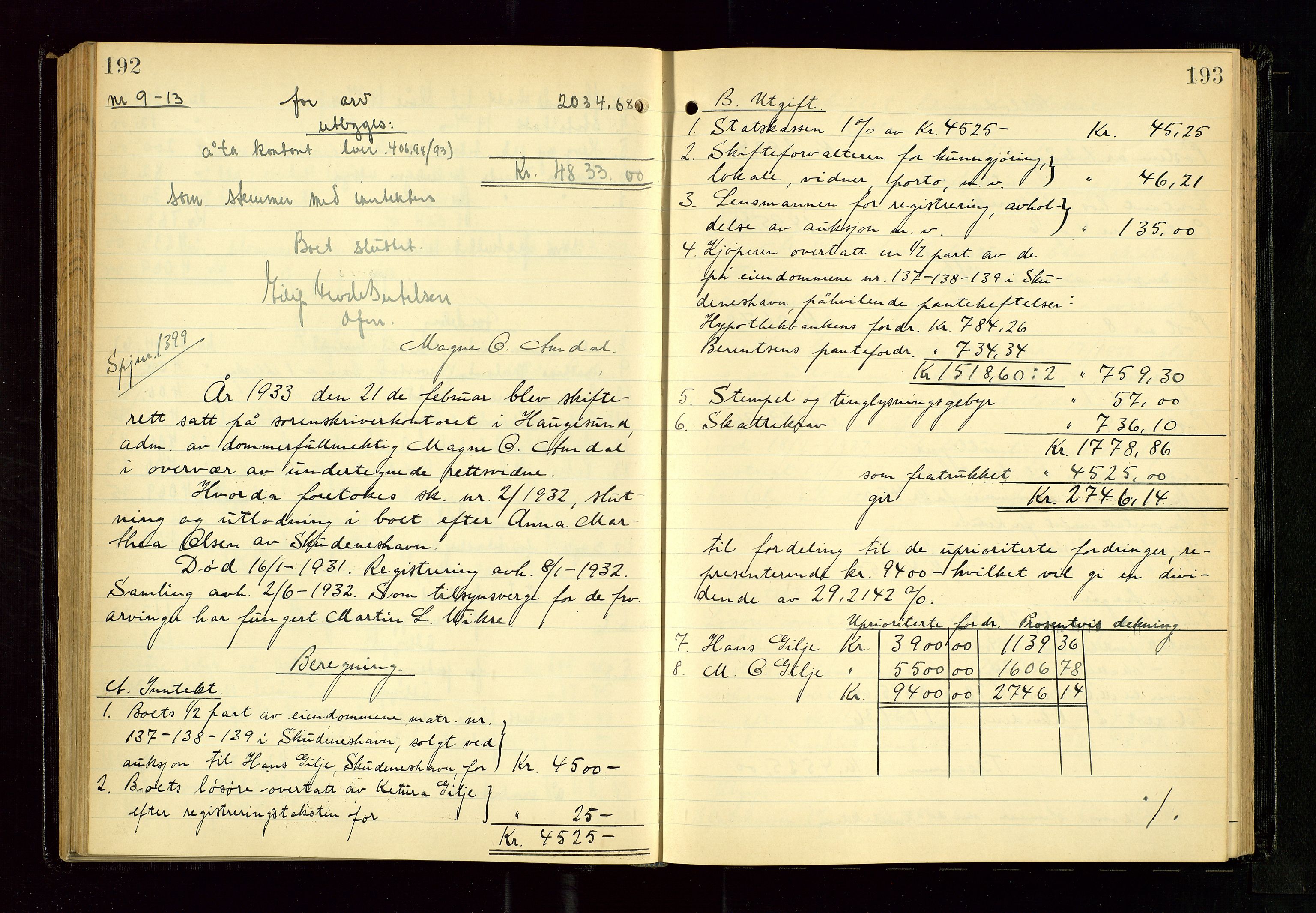 Karmsund sorenskriveri, AV/SAST-A-100311/01/IV/IVGB/L0005: SKIFTEUTLODNINGSPROTOKOLL, 1931-1936, s. 192-193