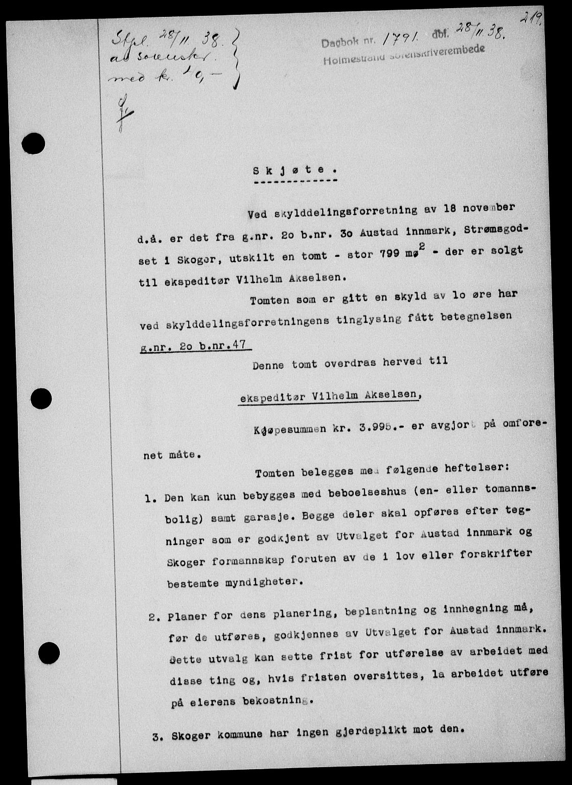 Holmestrand sorenskriveri, SAKO/A-67/G/Ga/Gaa/L0050: Pantebok nr. A-50, 1938-1939, Dagboknr: 1791/1938