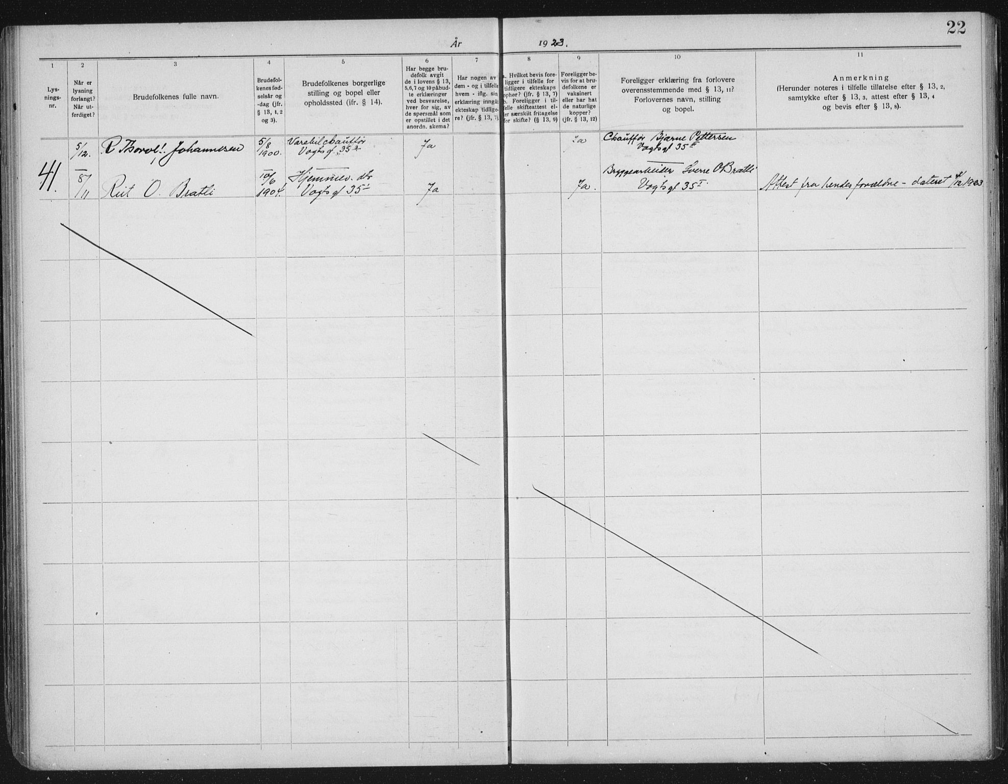 Lilleborg prestekontor Kirkebøker, AV/SAO-A-10343a/H/L0002: Lysningsprotokoll nr. 2, 1919-1940, s. 22