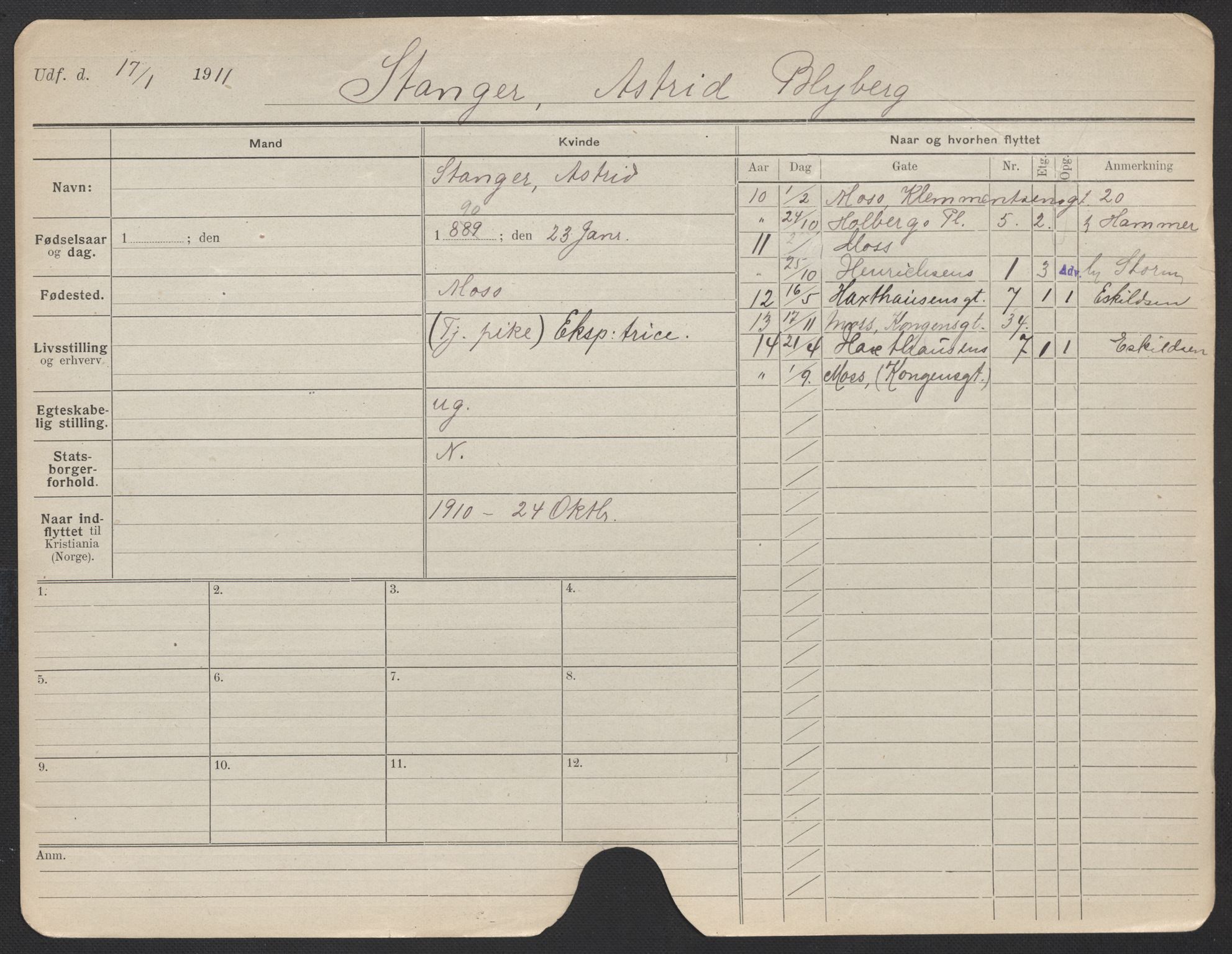 Oslo folkeregister, Registerkort, AV/SAO-A-11715/F/Fa/Fac/L0024: Kvinner, 1906-1914, s. 206a