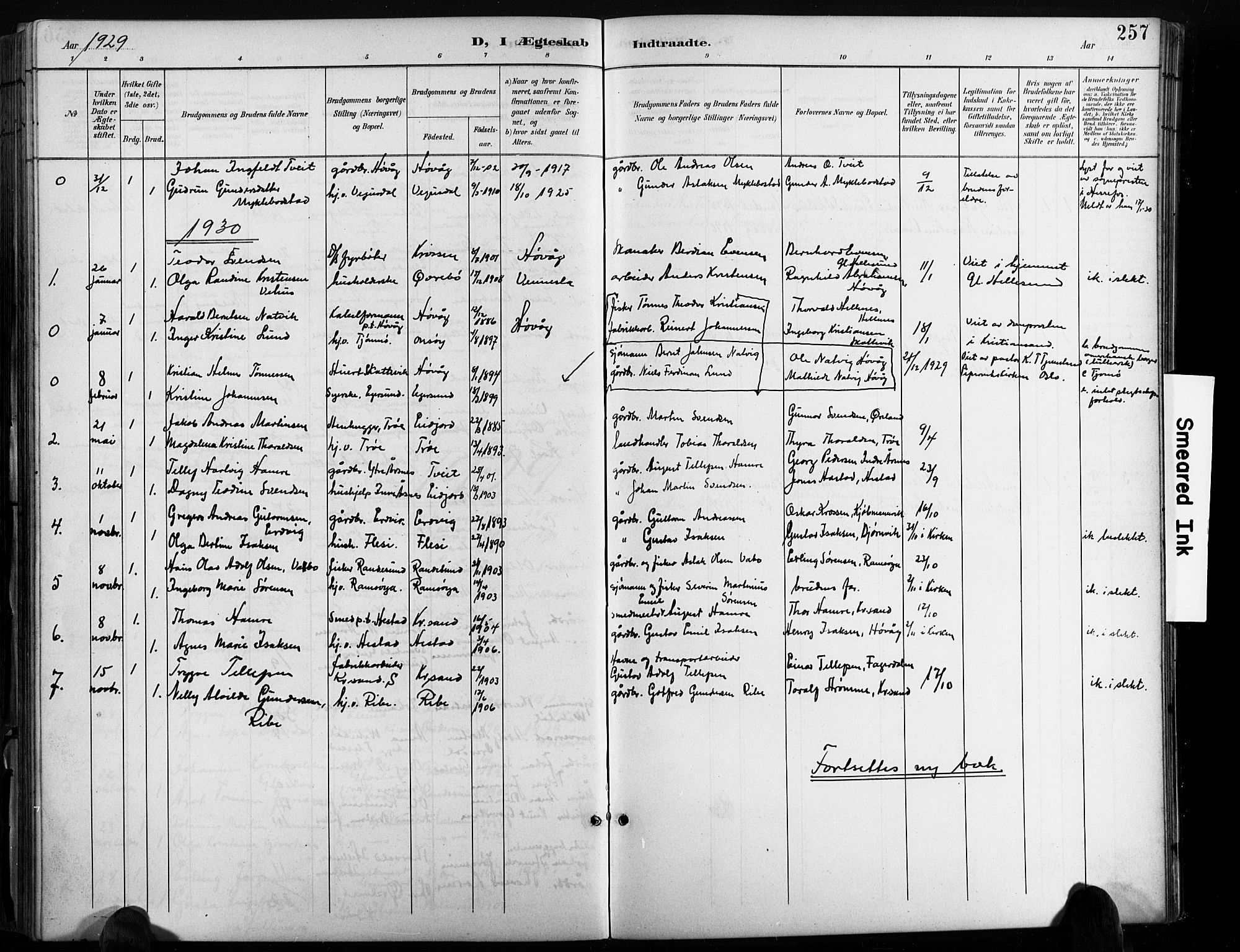 Høvåg sokneprestkontor, AV/SAK-1111-0025/F/Fb/L0005: Klokkerbok nr. B 5, 1898-1929, s. 257