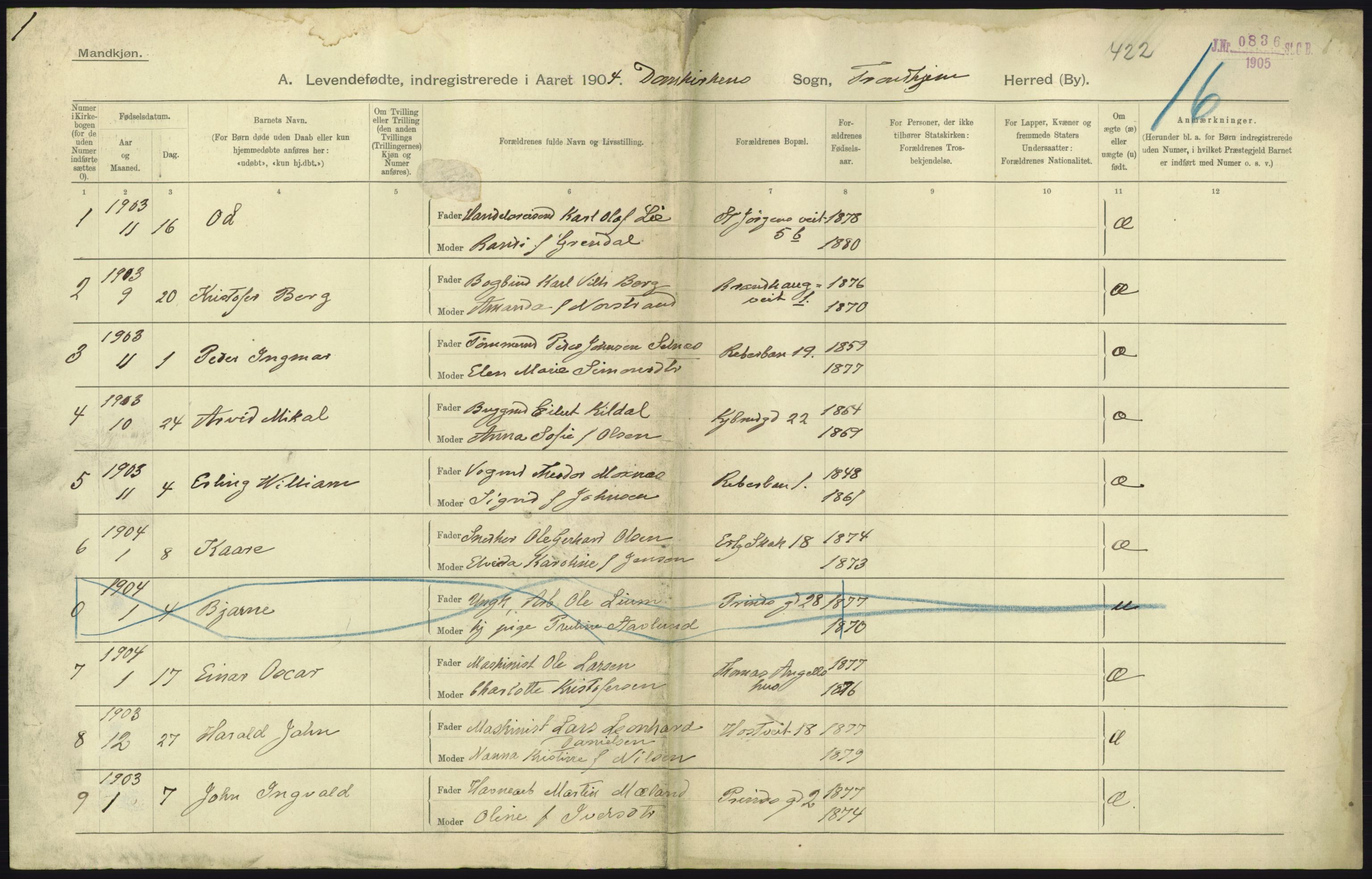 Statistisk sentralbyrå, Sosiodemografiske emner, Befolkning, AV/RA-S-2228/D/Df/Dfa/Dfab/L0018: Trondhjem: Fødte, gifte, døde., 1904, s. 181