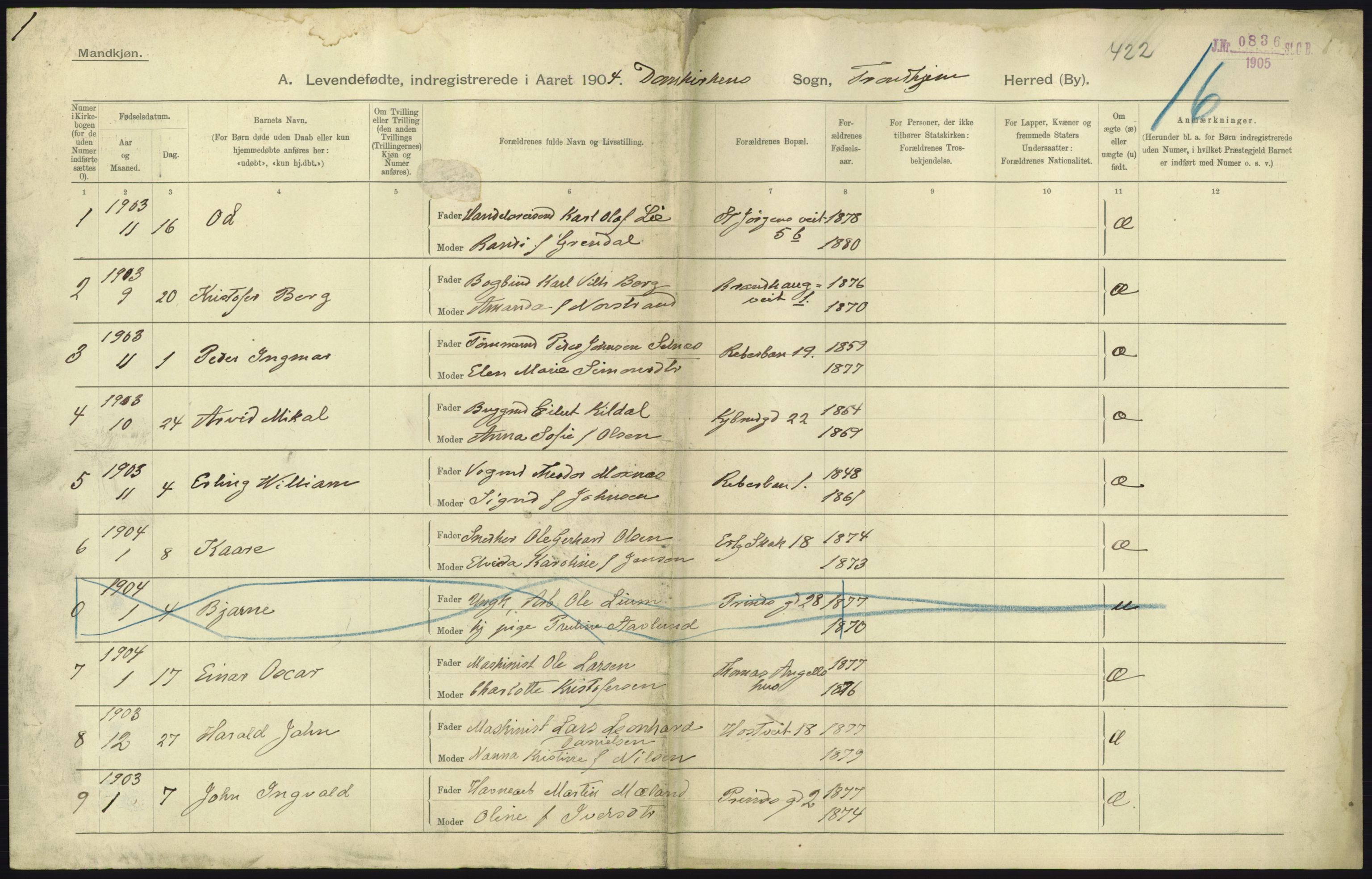 Statistisk sentralbyrå, Sosiodemografiske emner, Befolkning, RA/S-2228/D/Df/Dfa/Dfab/L0018: Trondhjem: Fødte, gifte, døde., 1904, s. 181