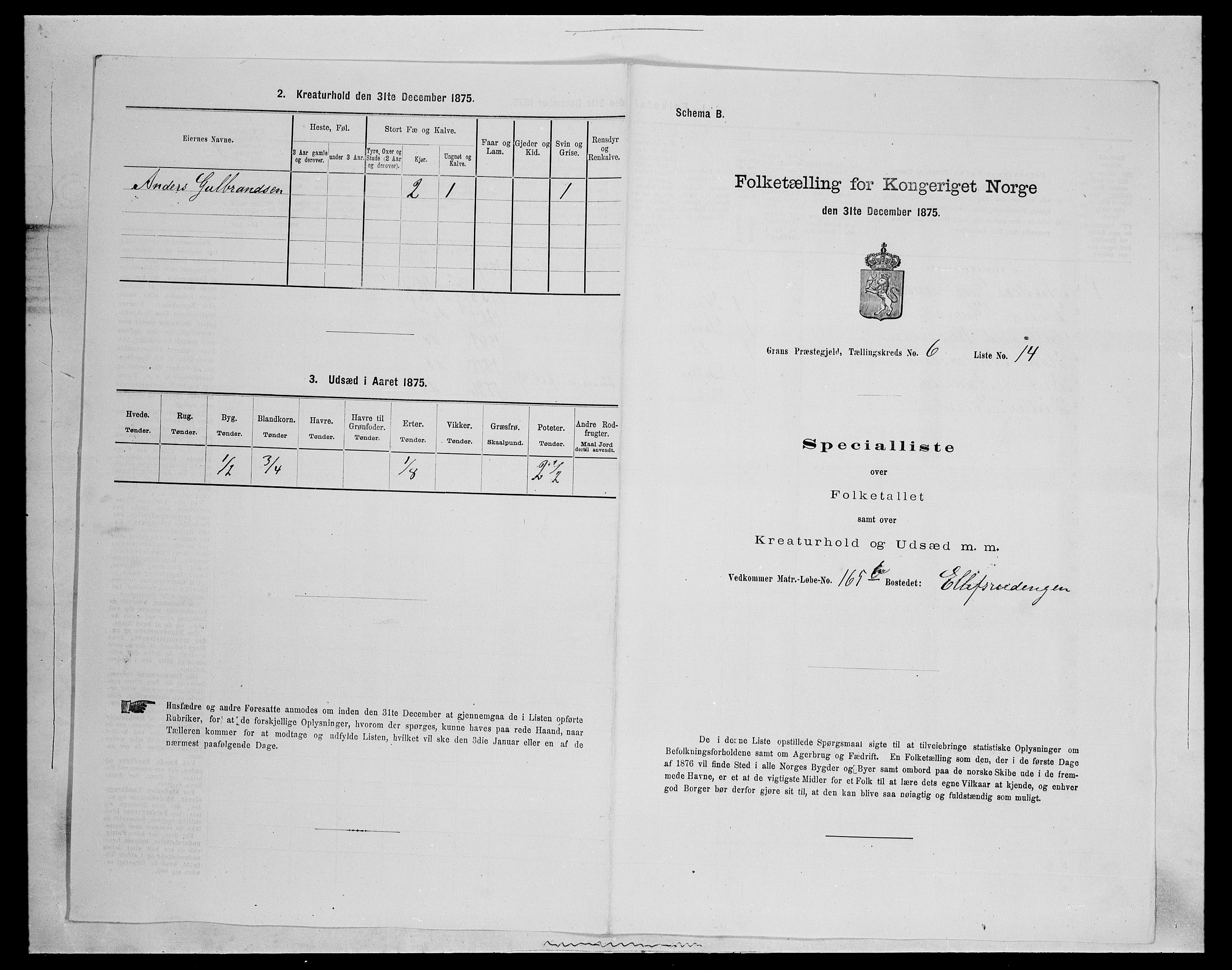 SAH, Folketelling 1875 for 0534P Gran prestegjeld, 1875, s. 1047