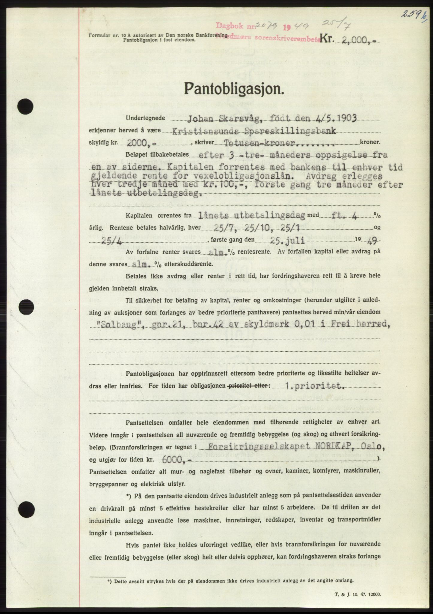 Nordmøre sorenskriveri, SAT/A-4132/1/2/2Ca: Pantebok nr. B102, 1949-1949, Dagboknr: 2079/1949