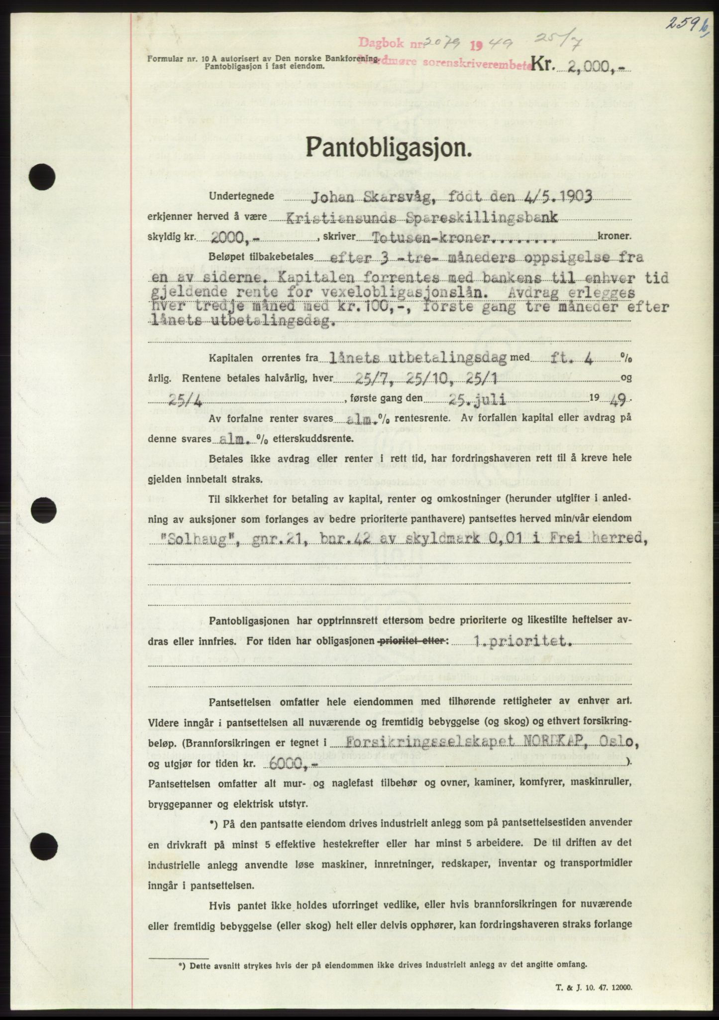 Nordmøre sorenskriveri, AV/SAT-A-4132/1/2/2Ca: Pantebok nr. B102, 1949-1949, Dagboknr: 2079/1949