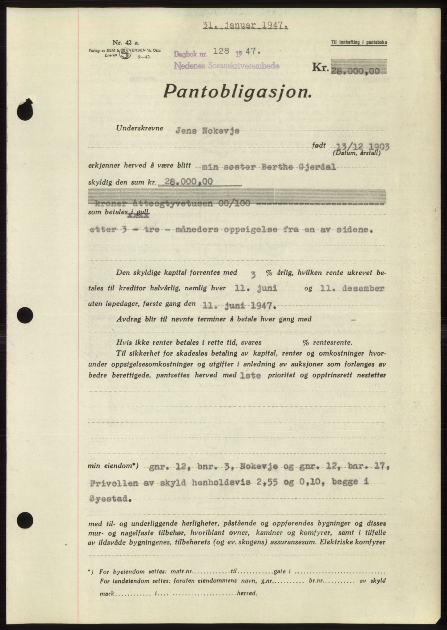 Nedenes sorenskriveri, SAK/1221-0006/G/Gb/Gbb/L0004: Pantebok nr. B4, 1947-1947, Dagboknr: 128/1947