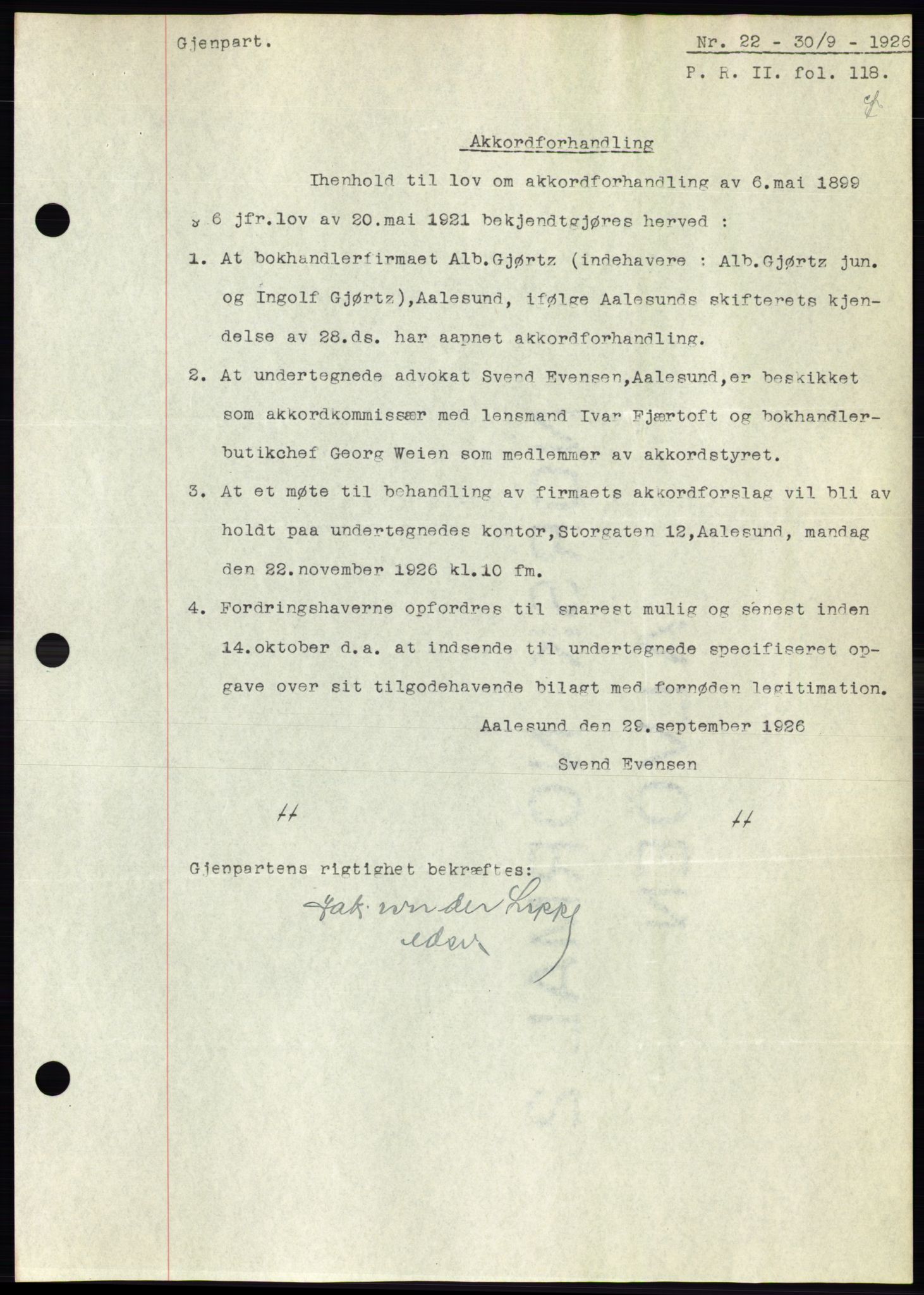 Ålesund byfogd, AV/SAT-A-4384: Pantebok nr. 21, 1926-1927, Tingl.dato: 30.09.1926