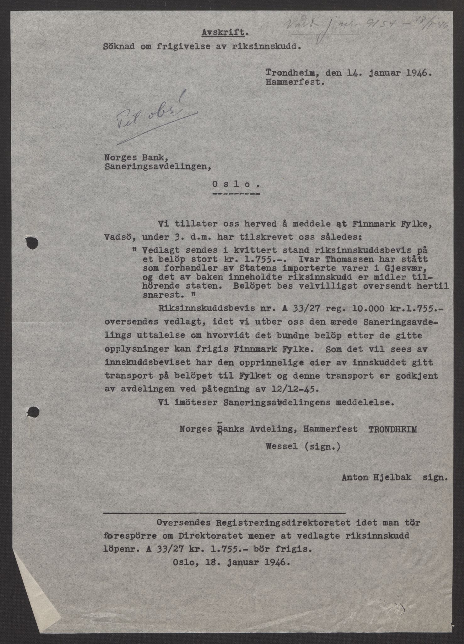 Norges Bank, Seddelinnløsningen, AV/RA-S-3945/D/L0009/0002: Saksarkiv / Korrespondanse. Hammerfest, 1945-1946, s. 3