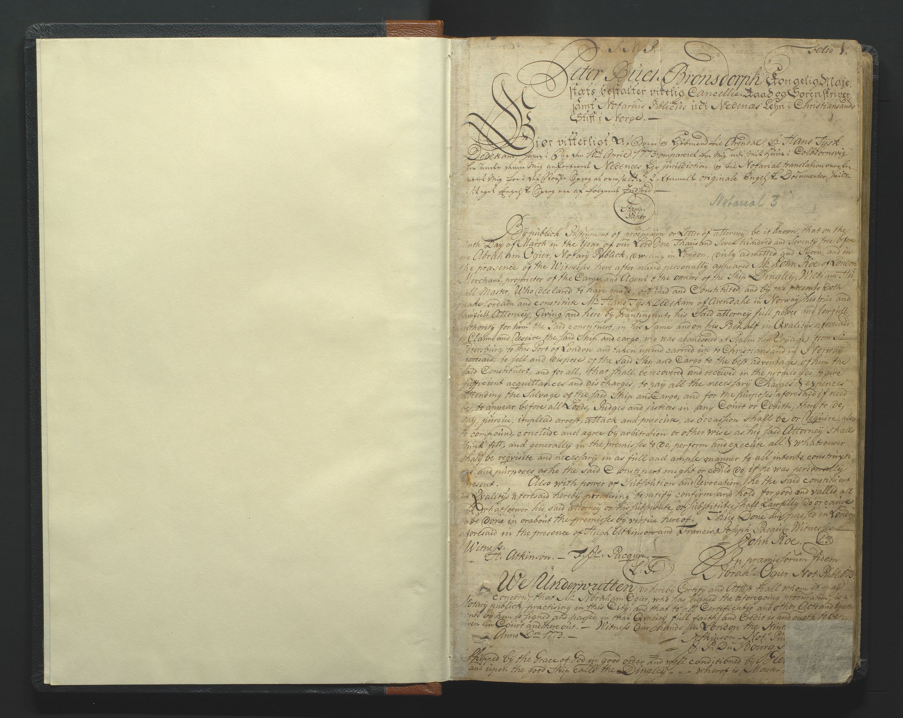 Nedenes sorenskriveri før 1824, SAK/1221-0007/L/La/L0003: Notarialprotokoll nr 3, 1773-1812, s. 1a