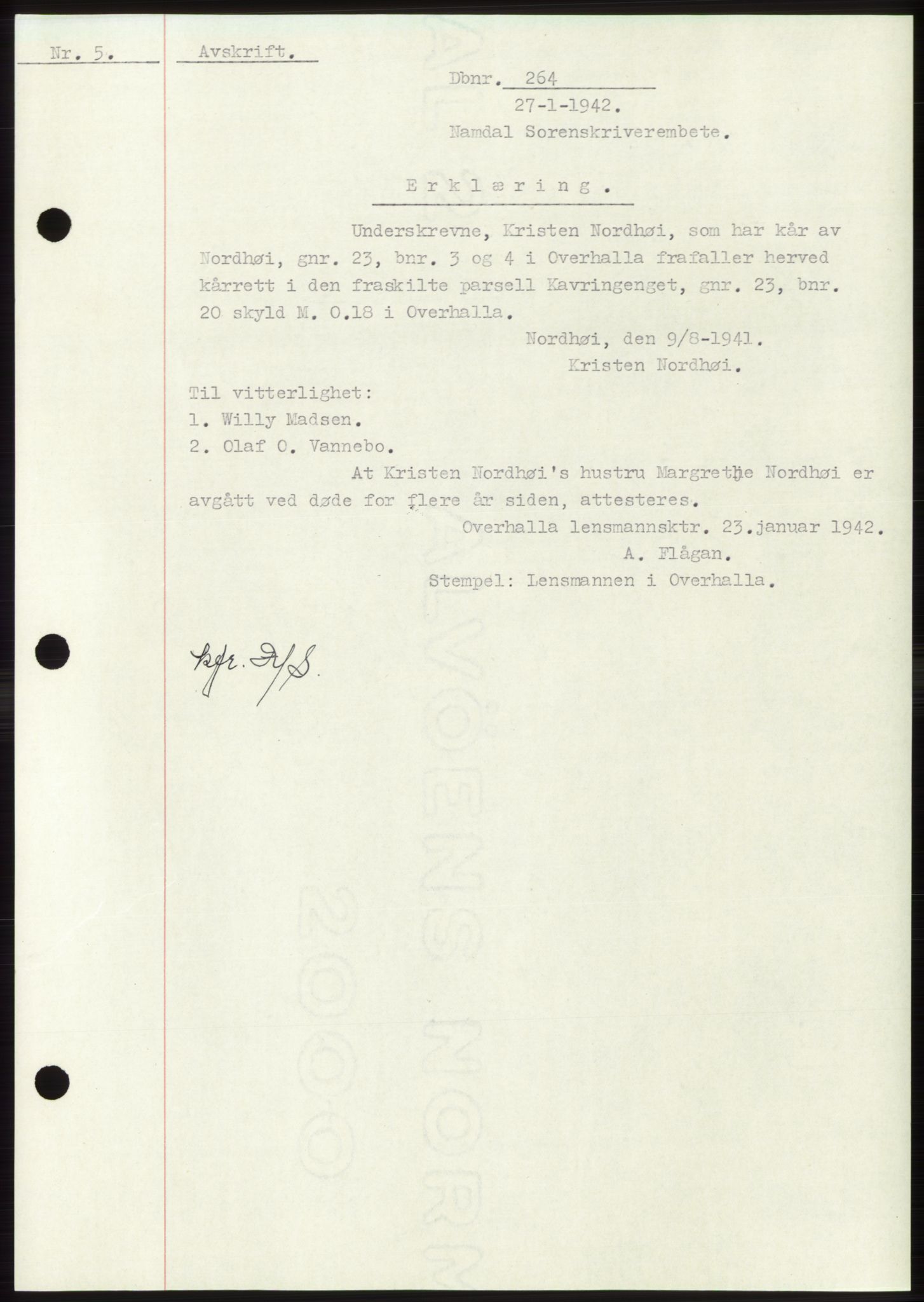 Namdal sorenskriveri, SAT/A-4133/1/2/2C: Pantebok nr. -, 1941-1942, Dagboknr: 264/1942