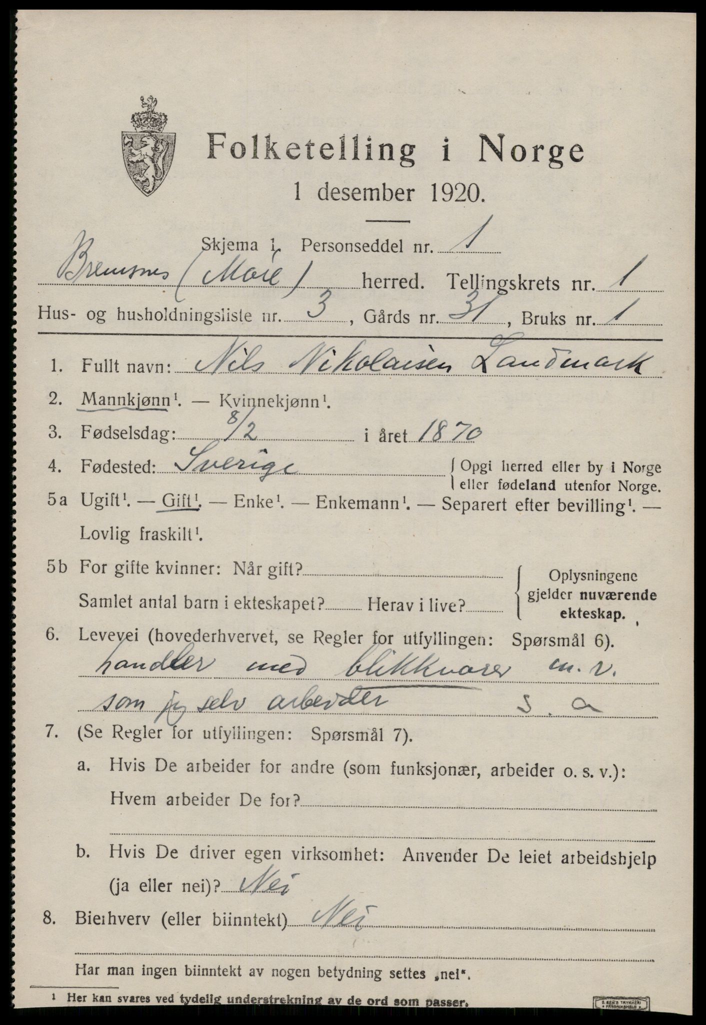 SAT, Folketelling 1920 for 1554 Bremsnes herred, 1920, s. 1501
