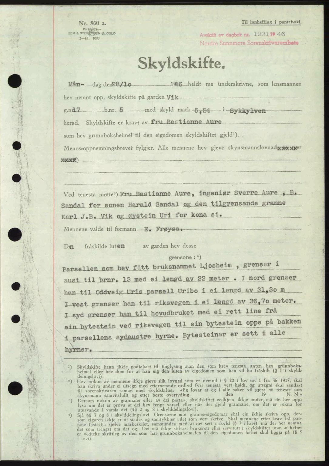 Nordre Sunnmøre sorenskriveri, AV/SAT-A-0006/1/2/2C/2Ca: Pantebok nr. A23, 1946-1947, Dagboknr: 1991/1946