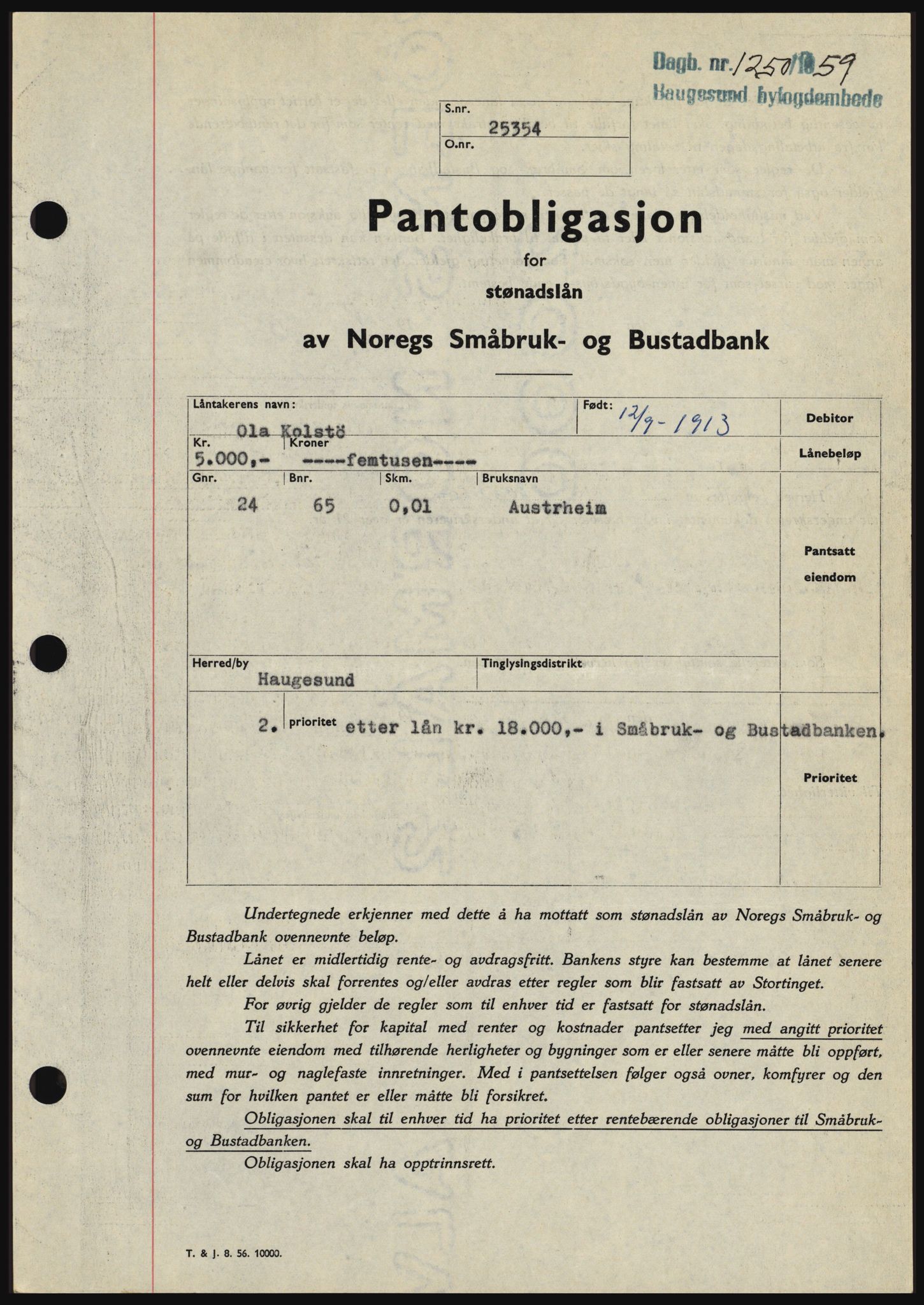 Haugesund tingrett, SAST/A-101415/01/II/IIC/L0045: Pantebok nr. B 45, 1959-1959, Dagboknr: 1250/1959