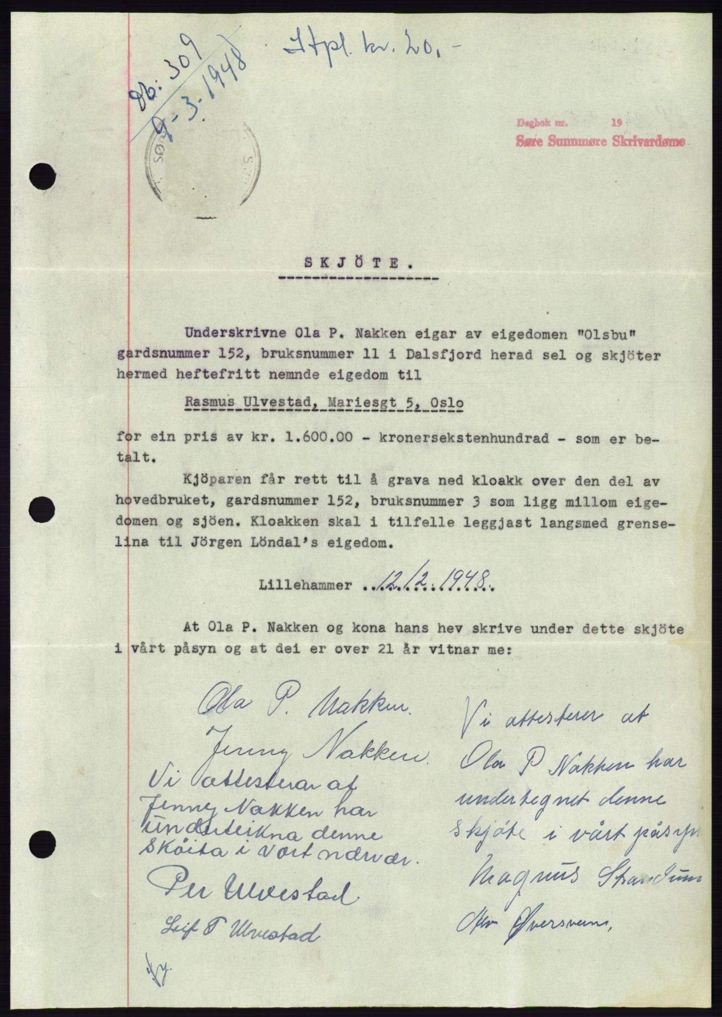 Søre Sunnmøre sorenskriveri, SAT/A-4122/1/2/2C/L0082: Pantebok nr. 8A, 1948-1948, Dagboknr: 309/1948
