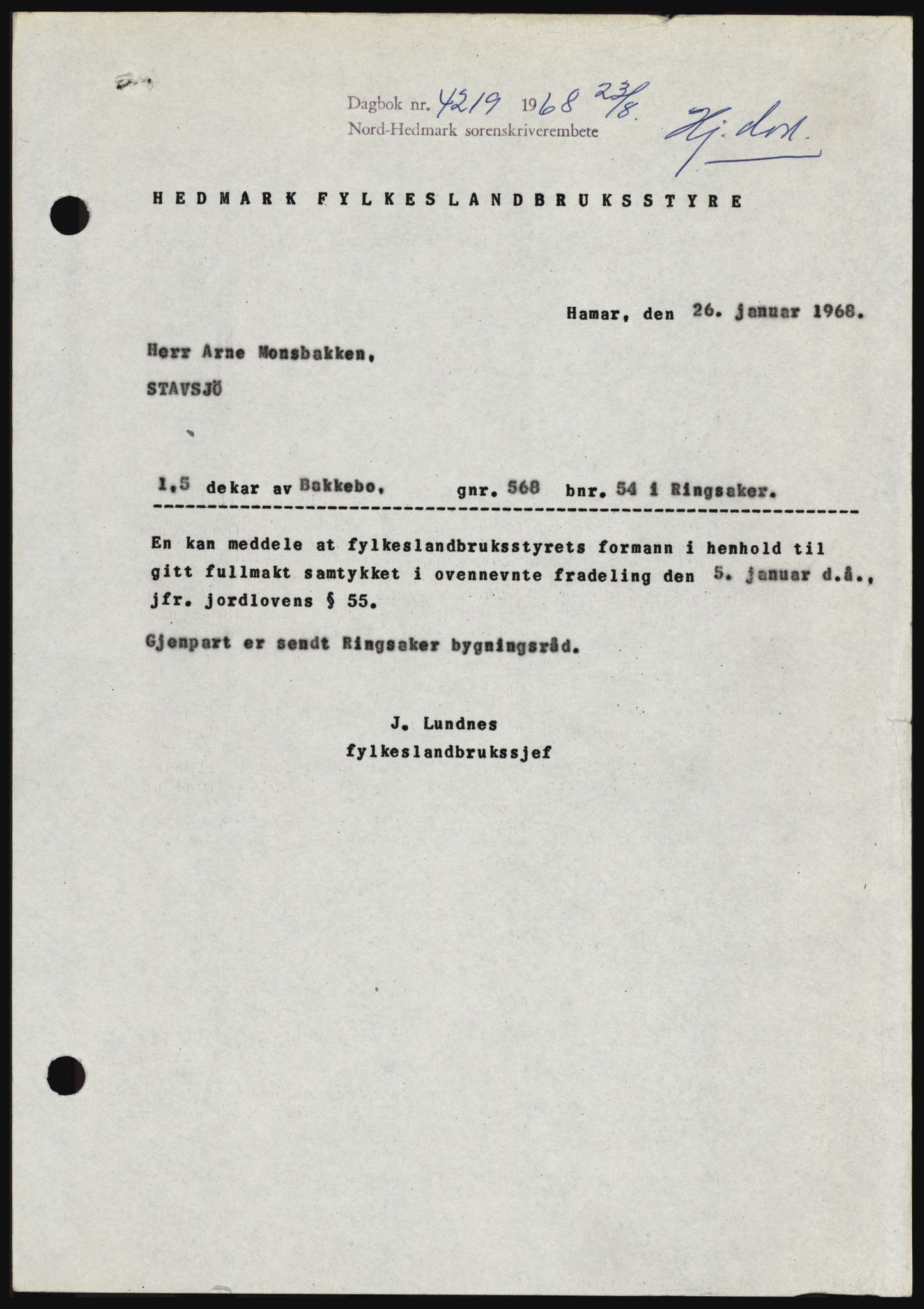 Nord-Hedmark sorenskriveri, SAH/TING-012/H/Hc/L0028: Pantebok nr. 28, 1968-1968, Dagboknr: 4219/1968