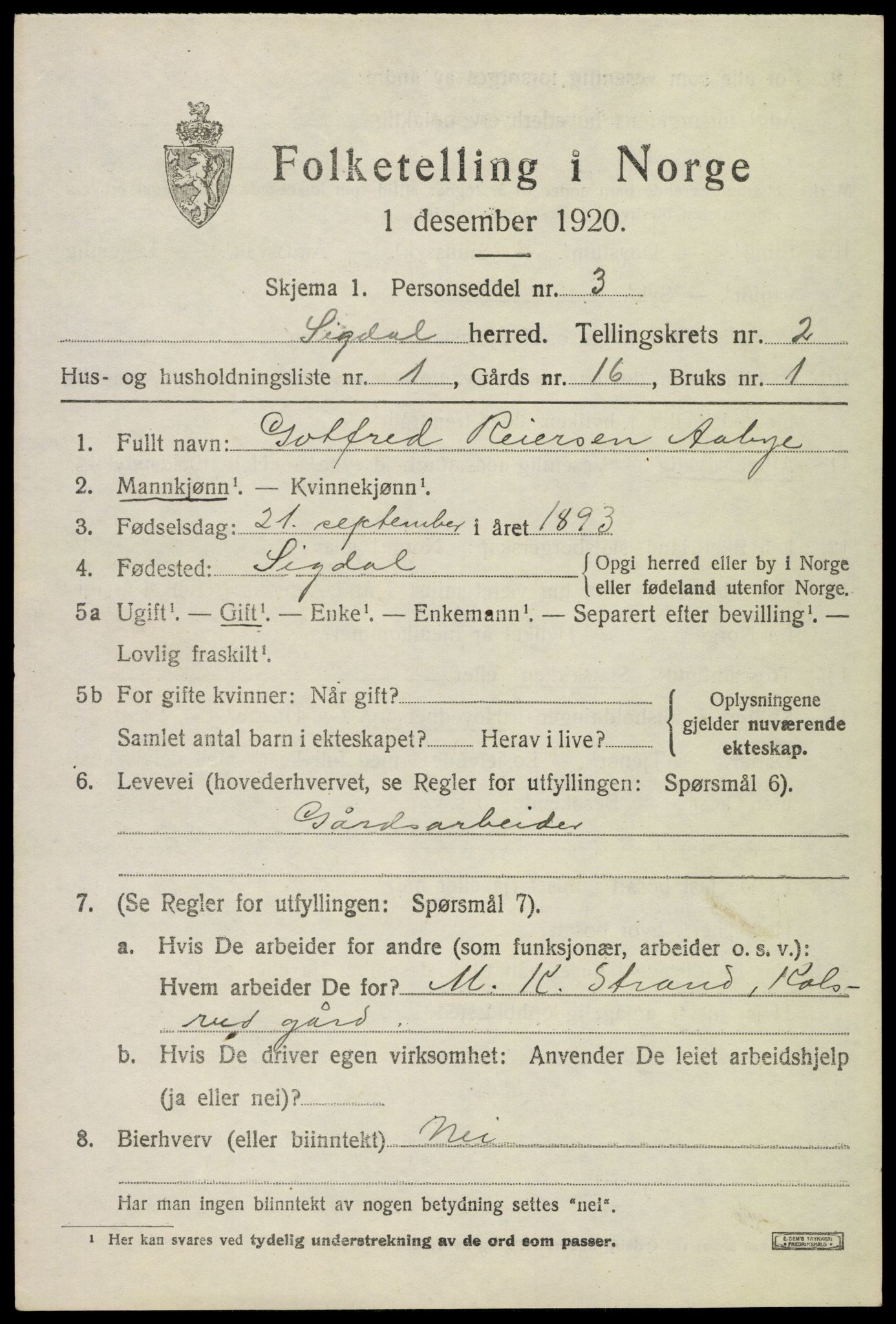 SAKO, Folketelling 1920 for 0621 Sigdal herred, 1920, s. 2026